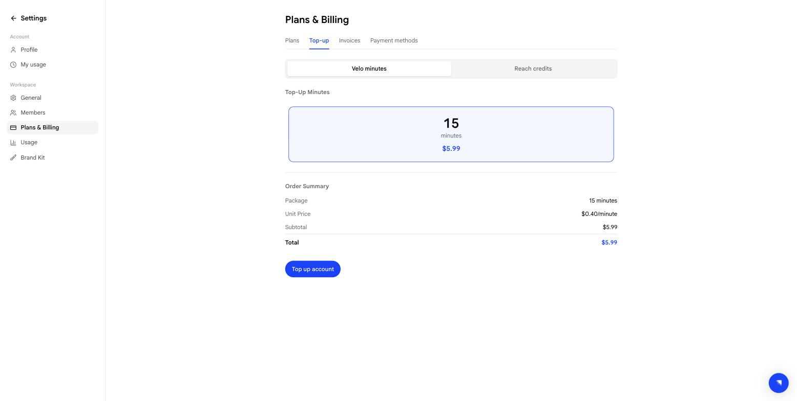 Top-up tab showing the Velo minutes pack