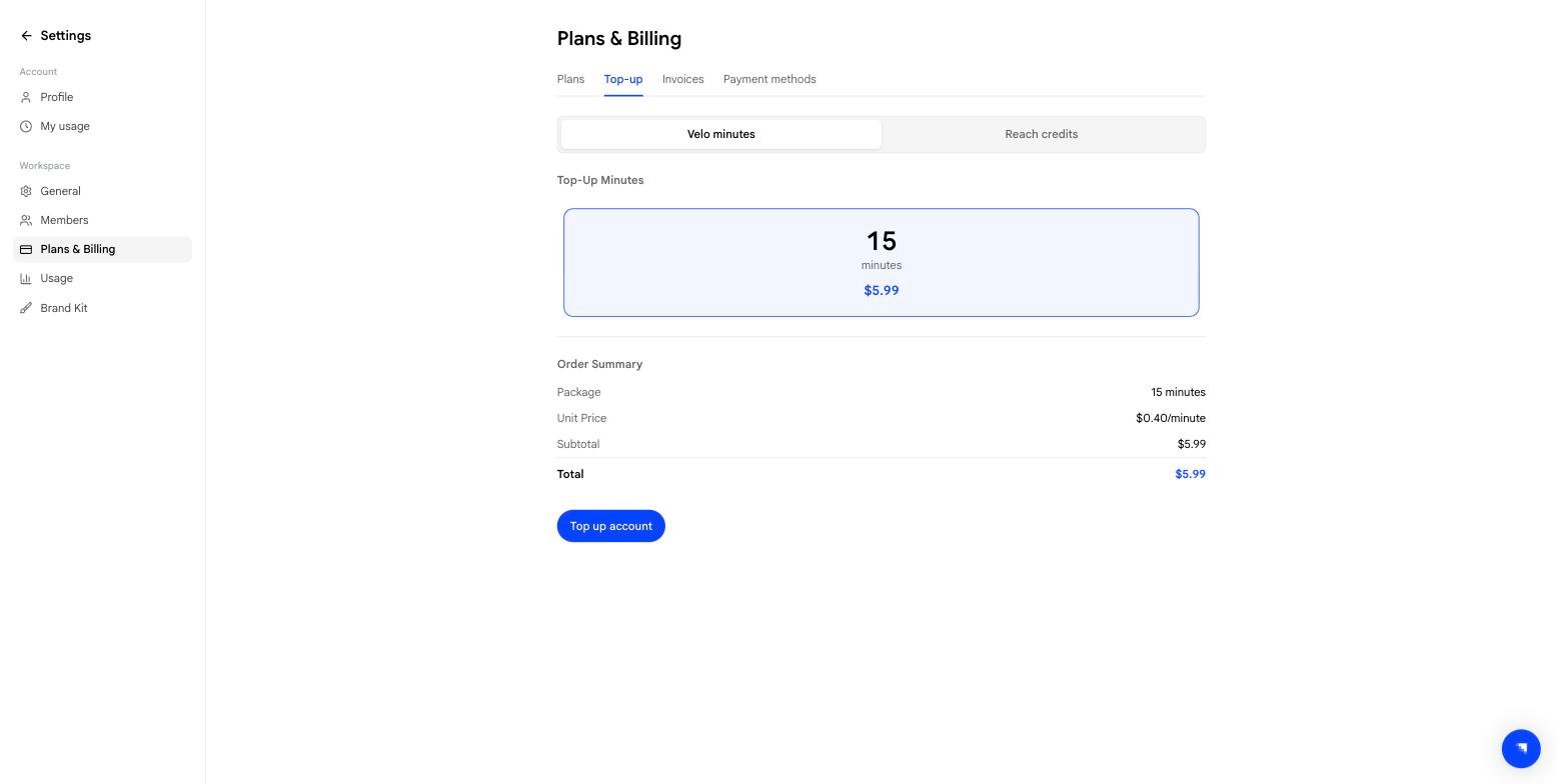 Top-up tab showing the Velo minutes pack