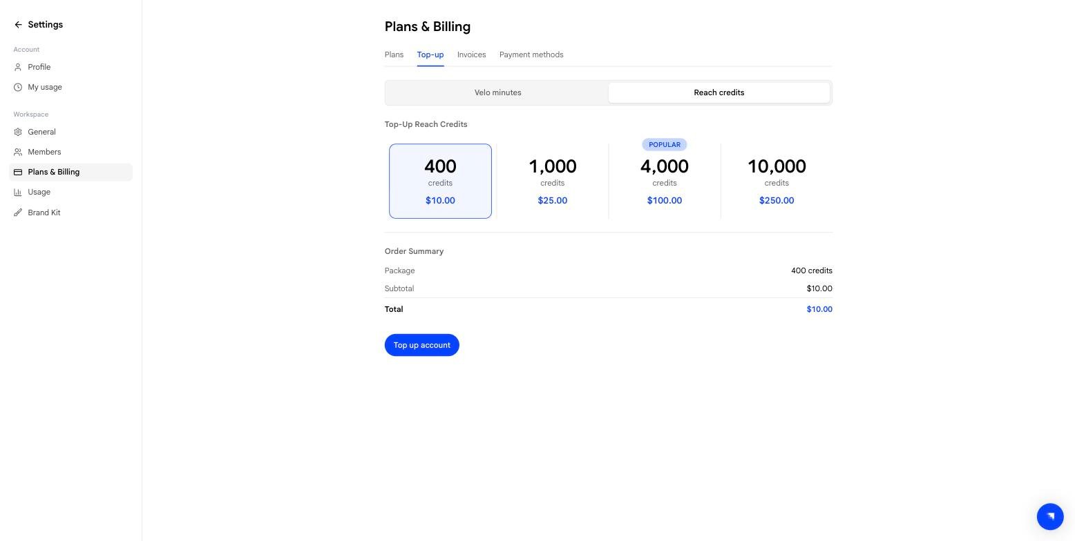 Top-up tab showing the Reach credit packs