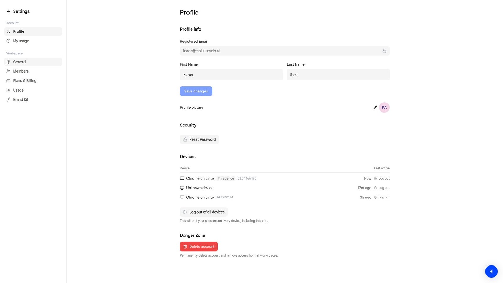Profile settings page