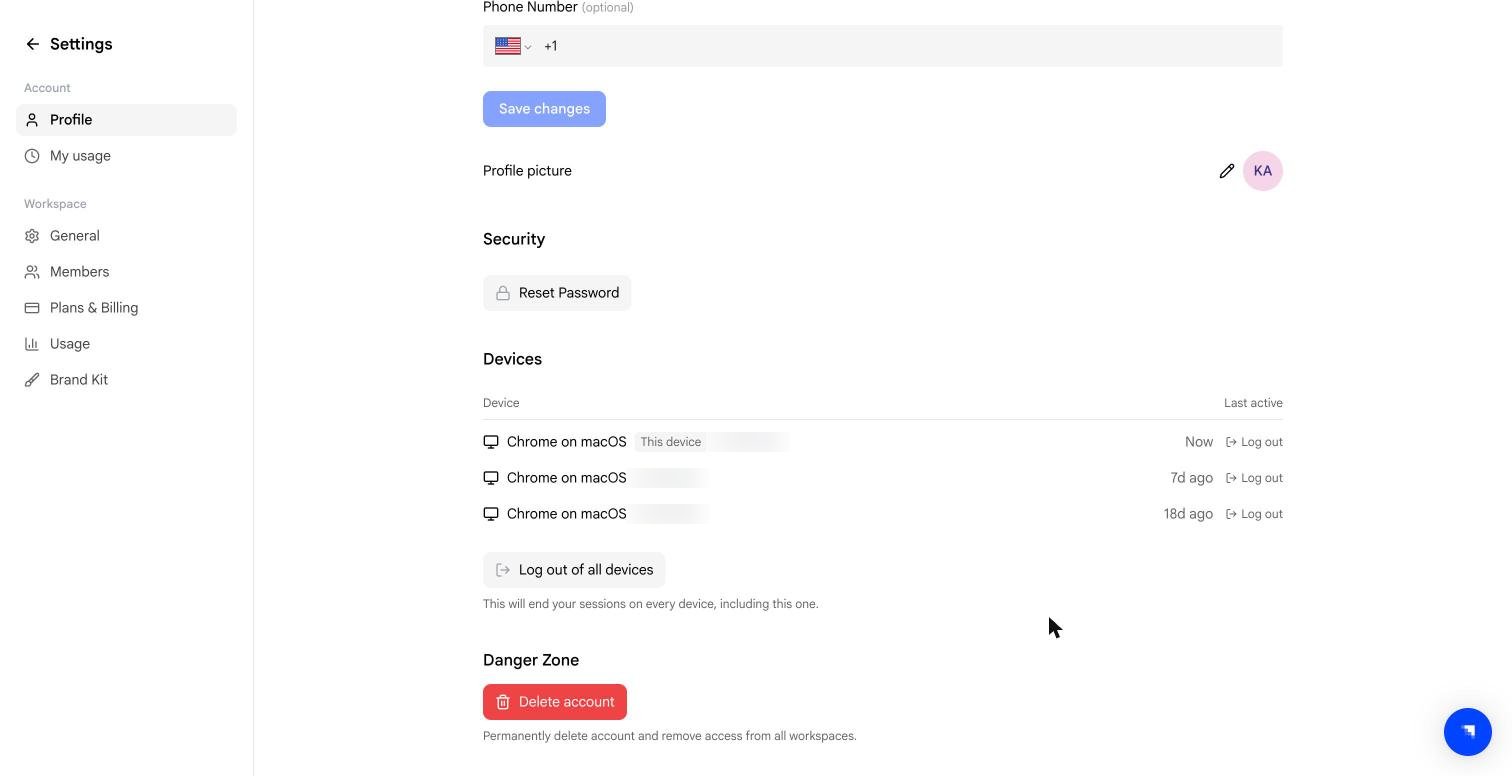 Security, Devices, and Danger Zone sections of the profile page