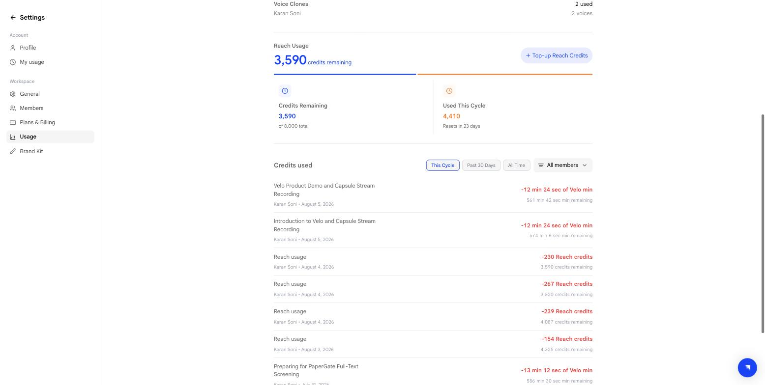 Usage entries showing both Velo minutes and Reach credits