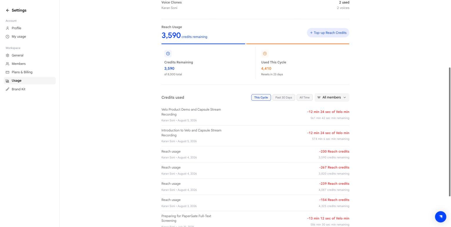 Usage entries showing both Velo minutes and Reach credits
