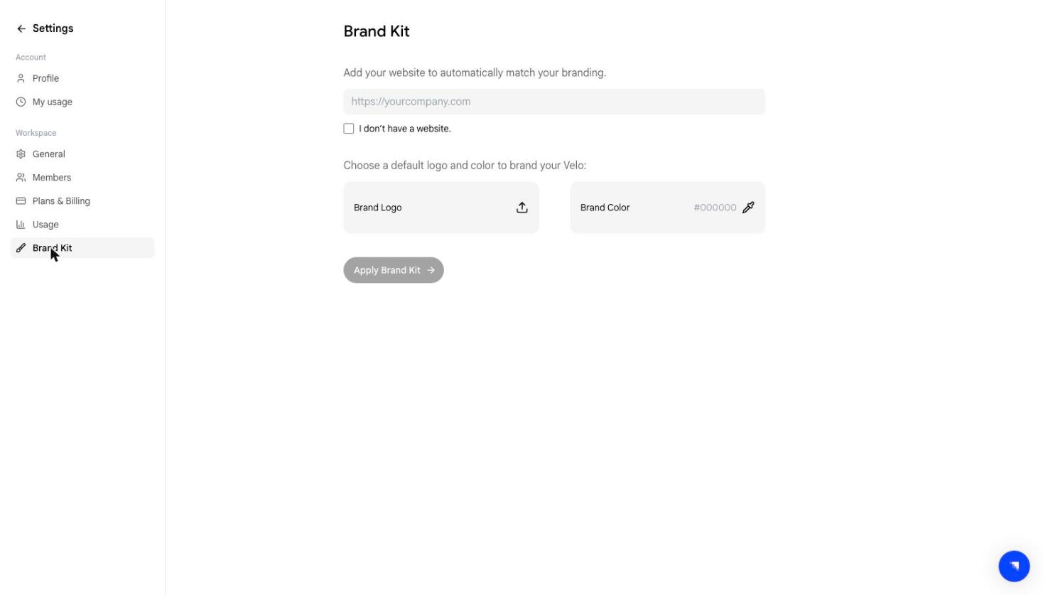 Brand Kit page with website field, Brand Logo, and Brand Color