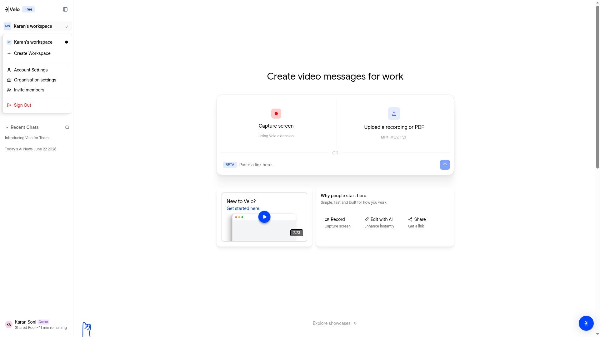 Workspace dropdown menu
