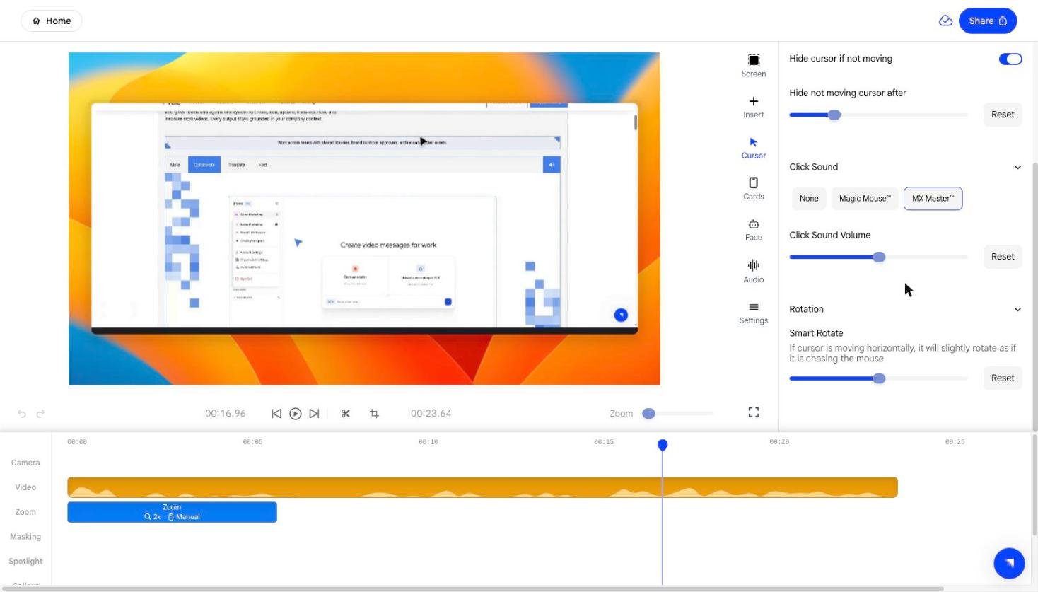 Click Sound, Click Sound Volume and the Rotation section with Smart Rotate