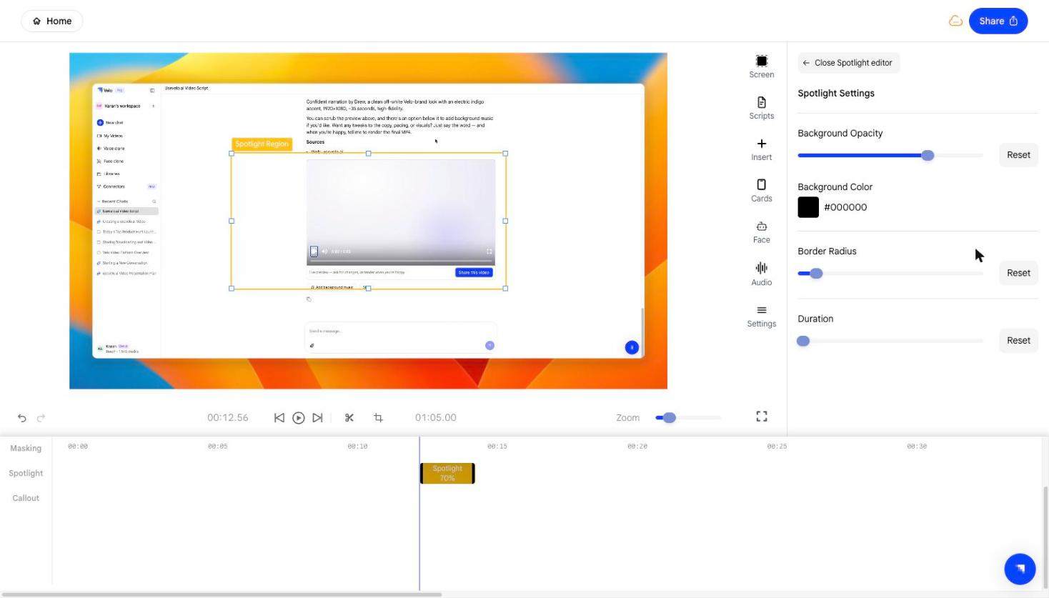 Spotlight Settings with background opacity, colour, border radius, and duration