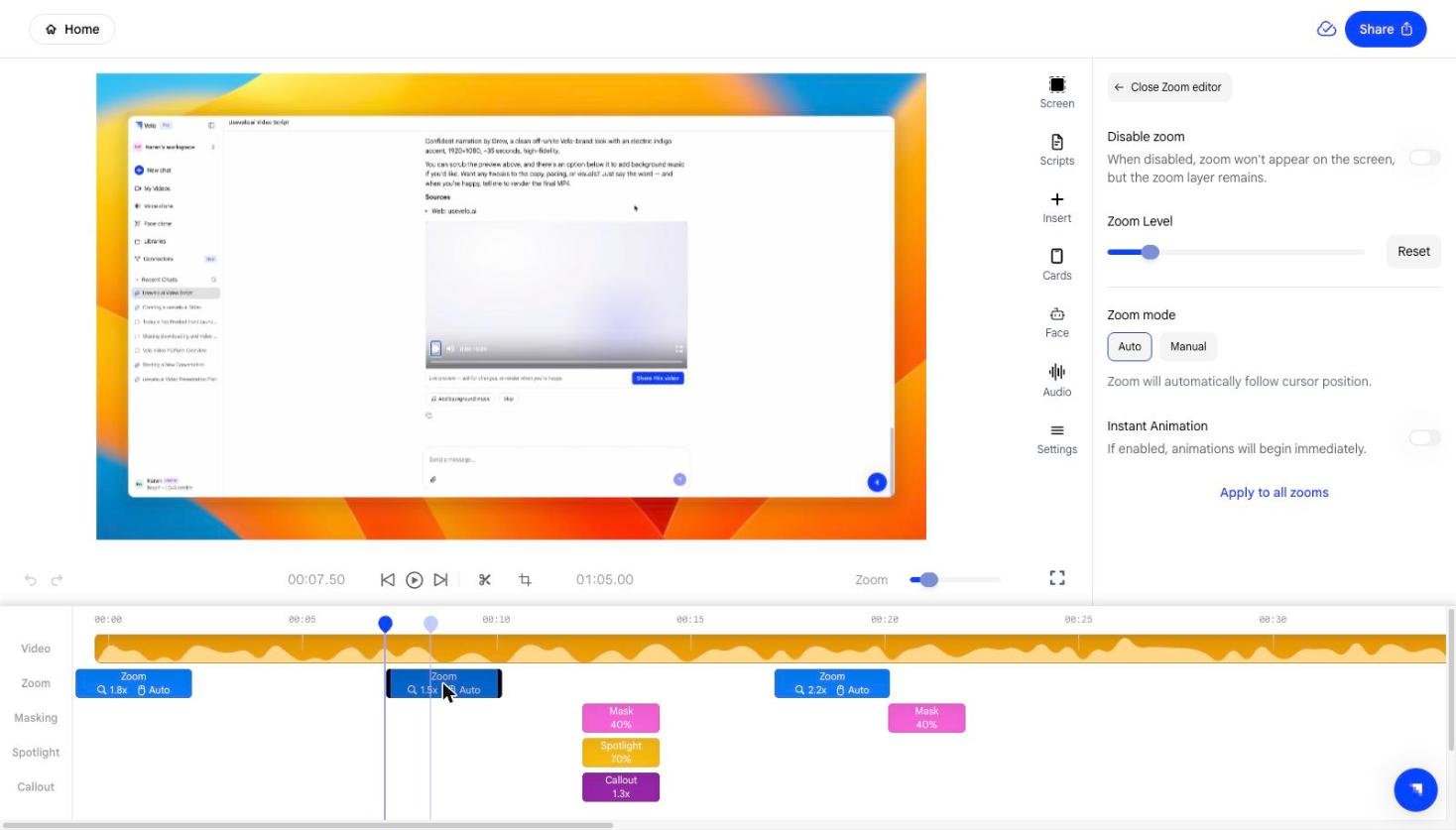 Zoom editor showing zoom level, zoom mode, and animation controls