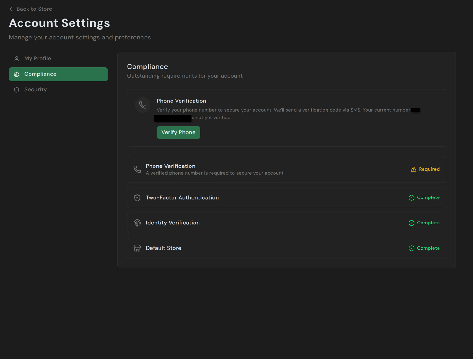 Compliance tab listing phone verification, 2FA, identity verification, and default store status