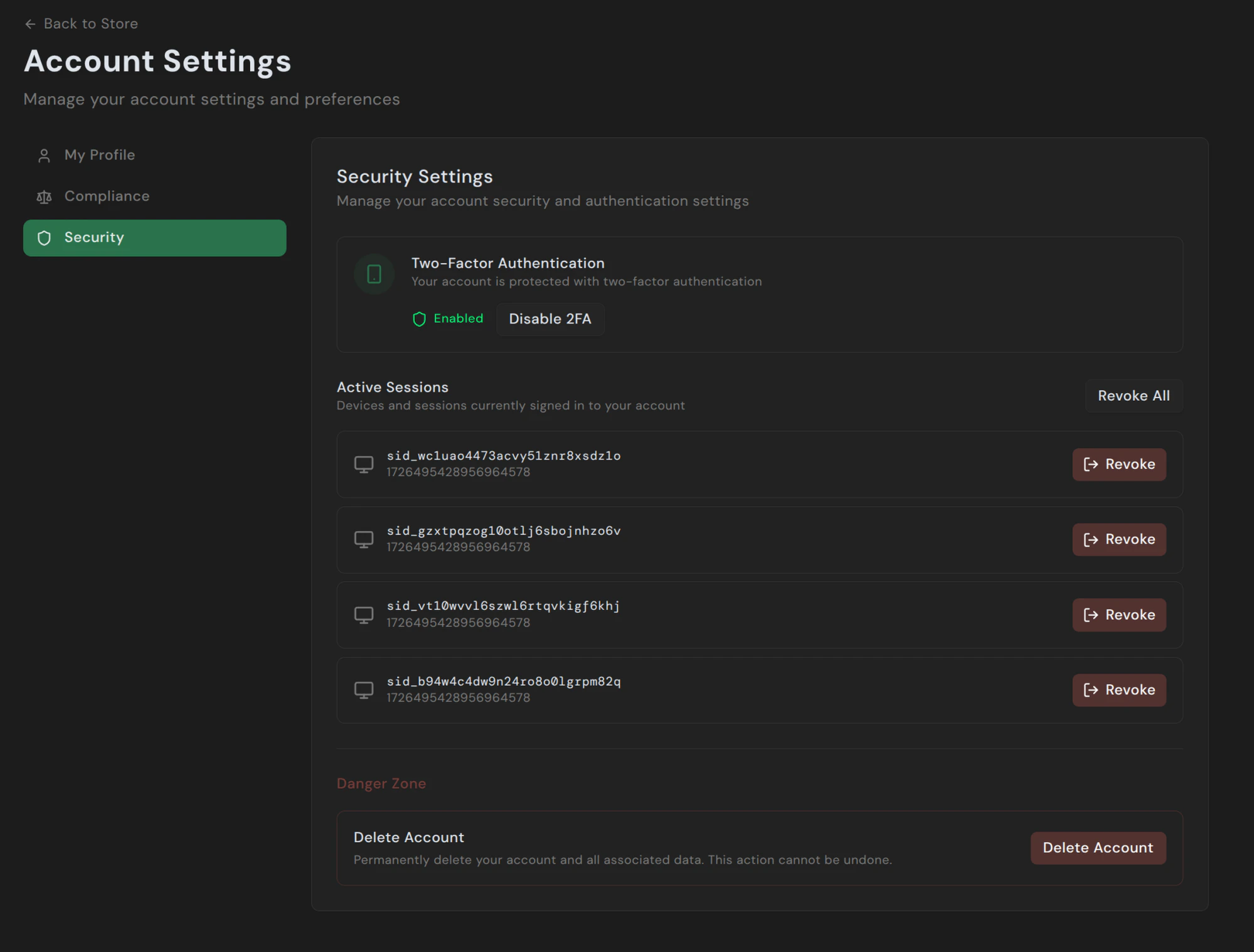Security tab with 2FA toggle, active sessions list, and Delete Account in the danger zone