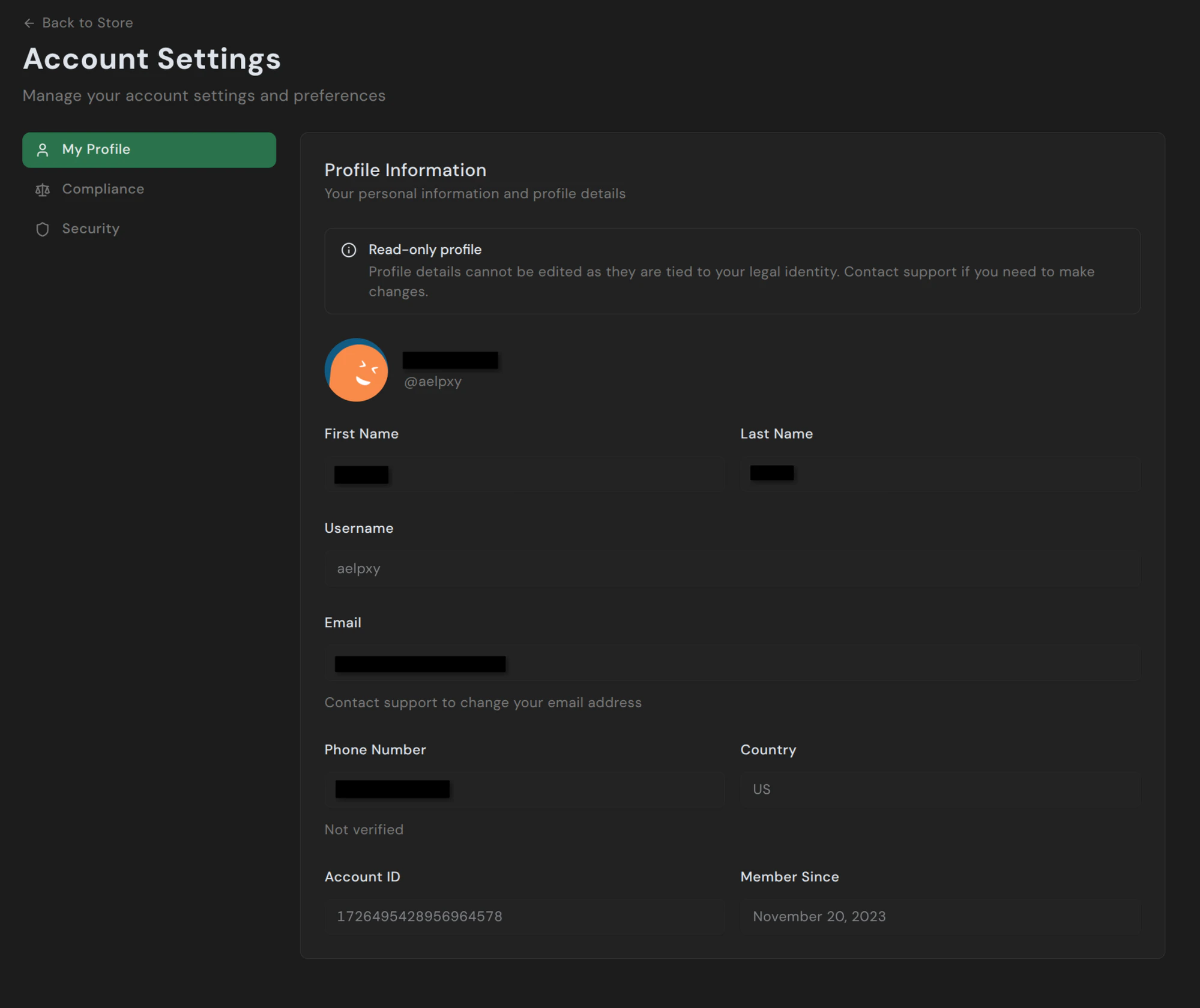 Account Settings page showing My Profile tab with profile information