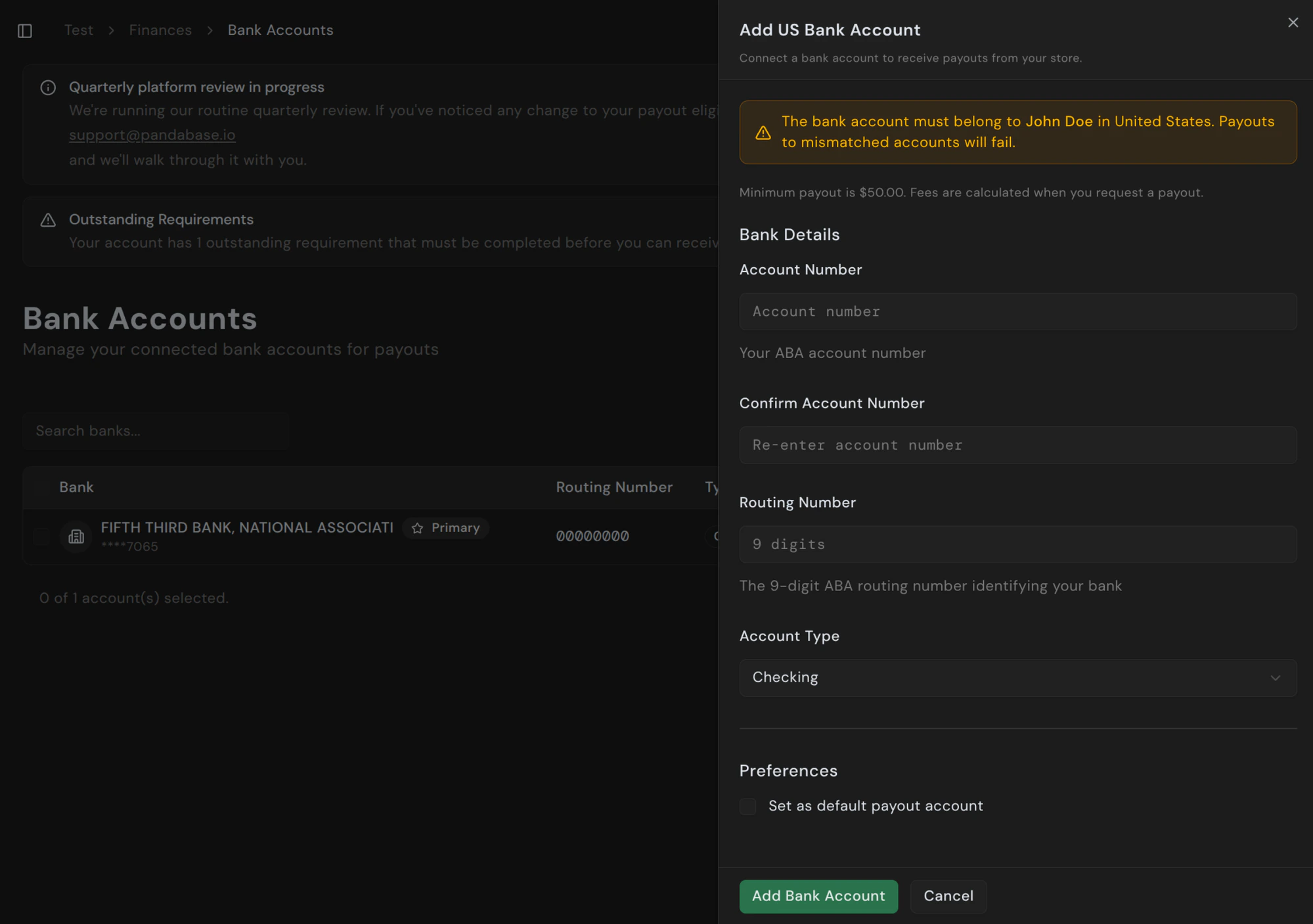 Add US Bank Account panel