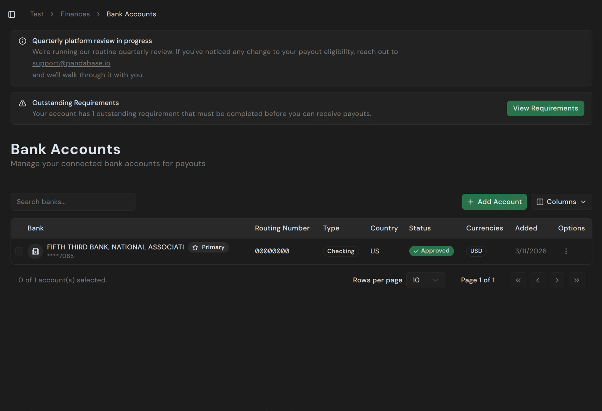 Bank Accounts page in the merchant dashboard