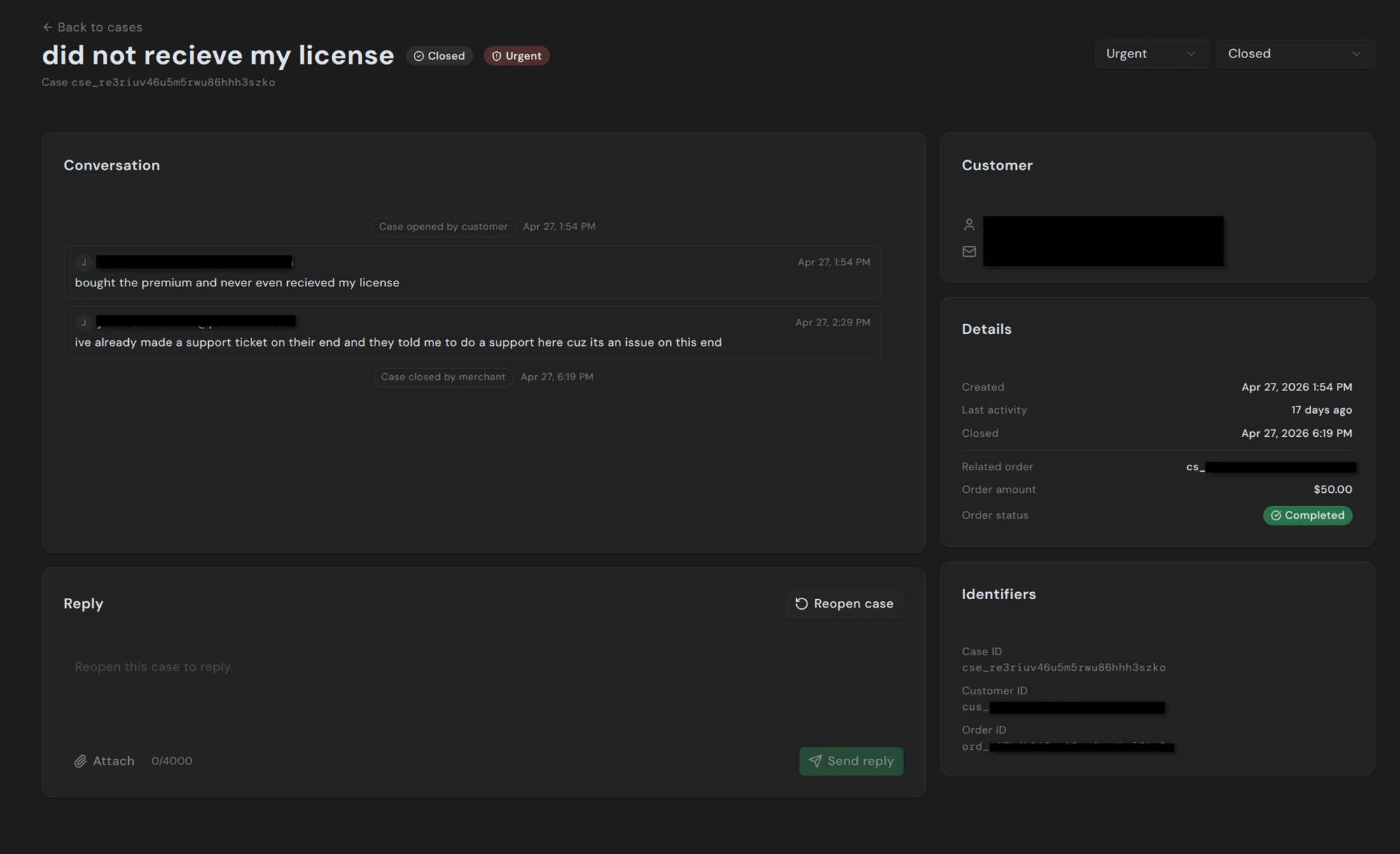 Case detail view with conversation, reply box, customer info, and identifiers