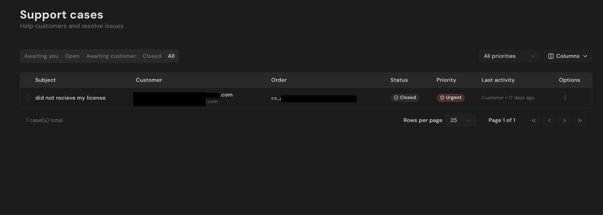 Cases list view with Awaiting you, Open, Awaiting customer, Closed, and All tabs