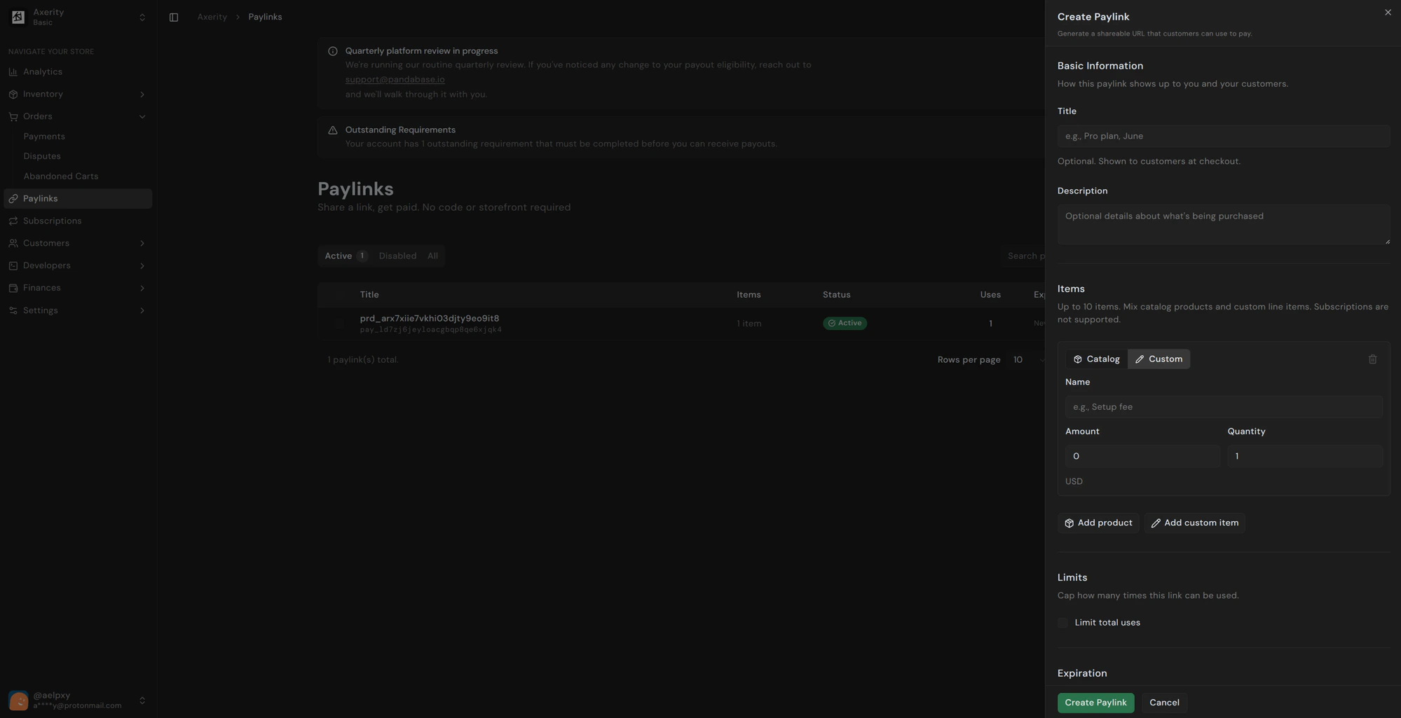 Create Paylink panel
