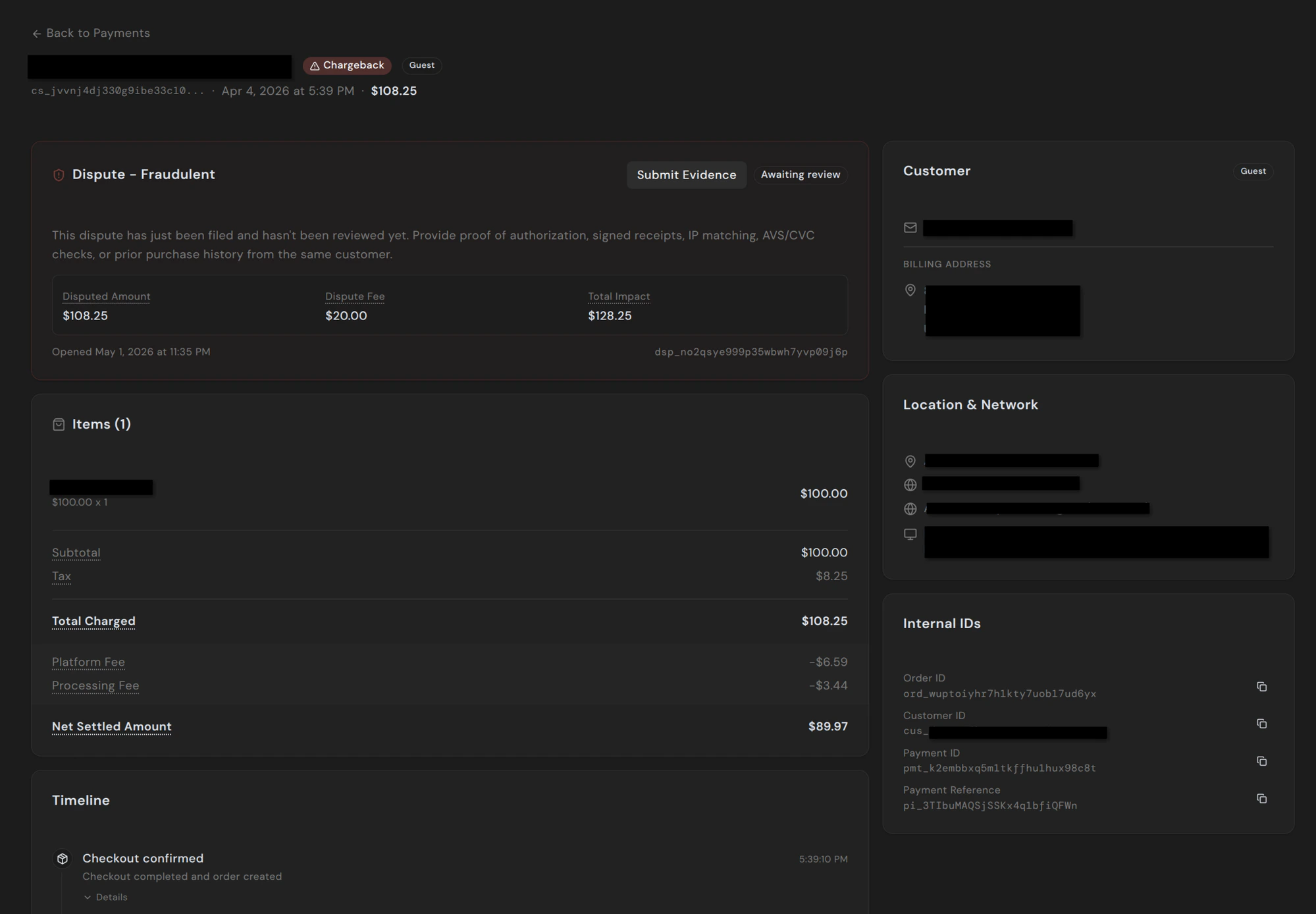 Dispute detail page showing reason, amounts, items, and timeline