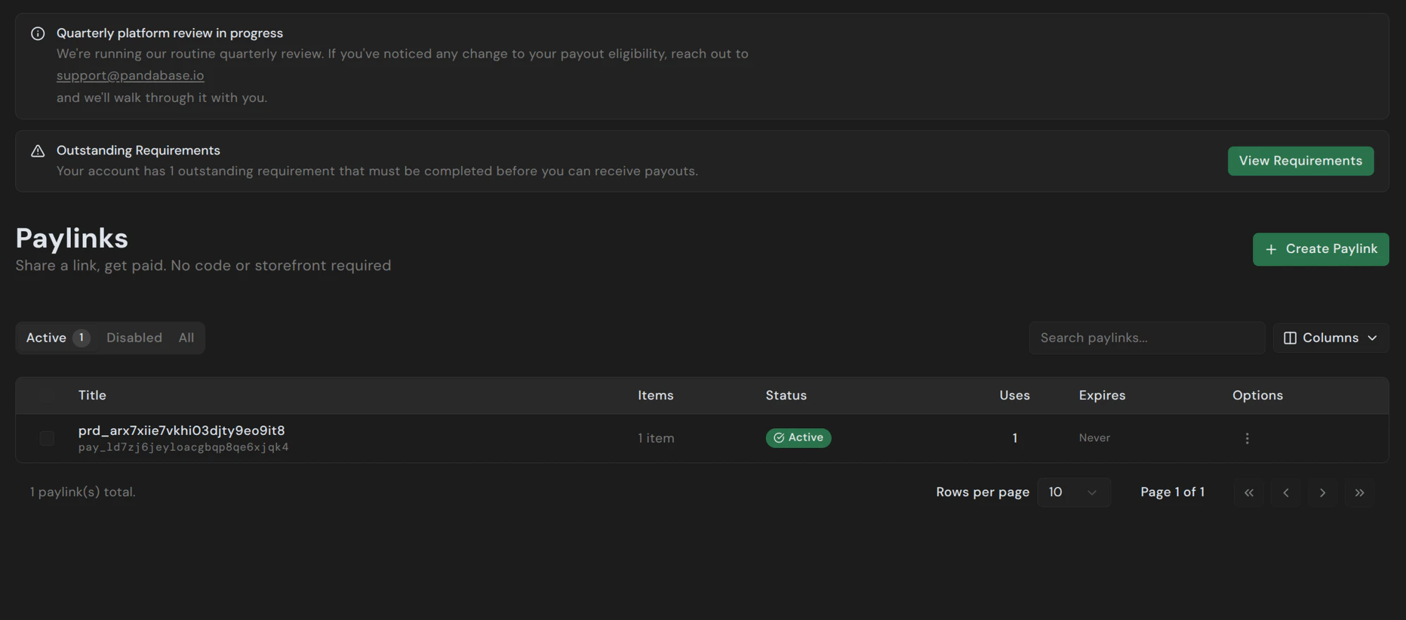 Paylinks list view in the merchant dashboard