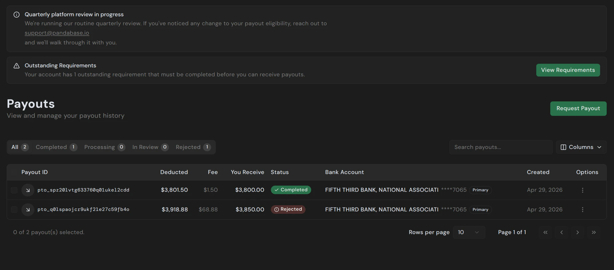 Payouts list view in the merchant dashboard