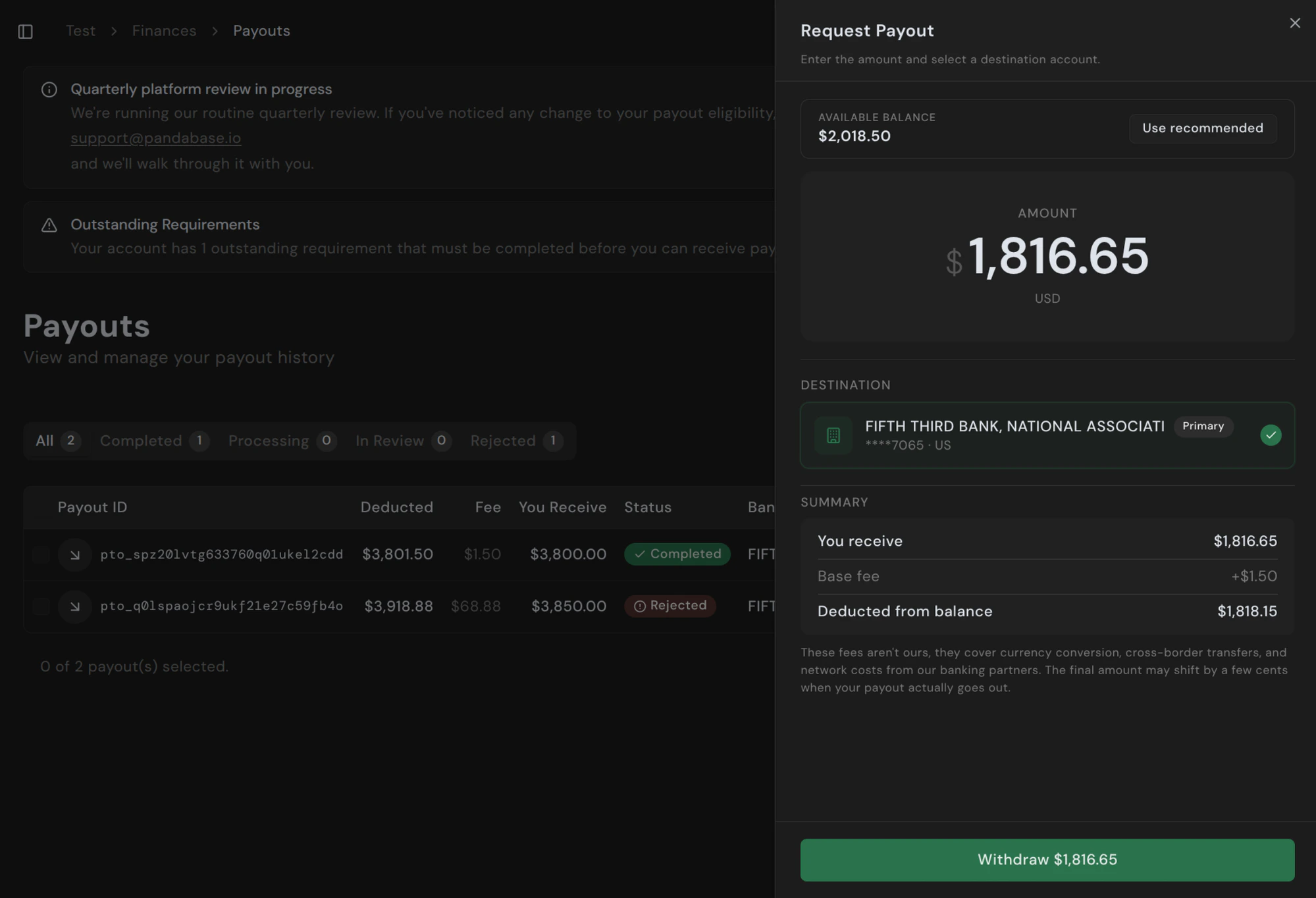 Request payout panel showing amount, destination bank account, and fee summary