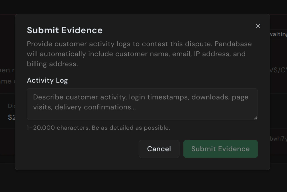Submit Evidence dialog with Activity Log text field
