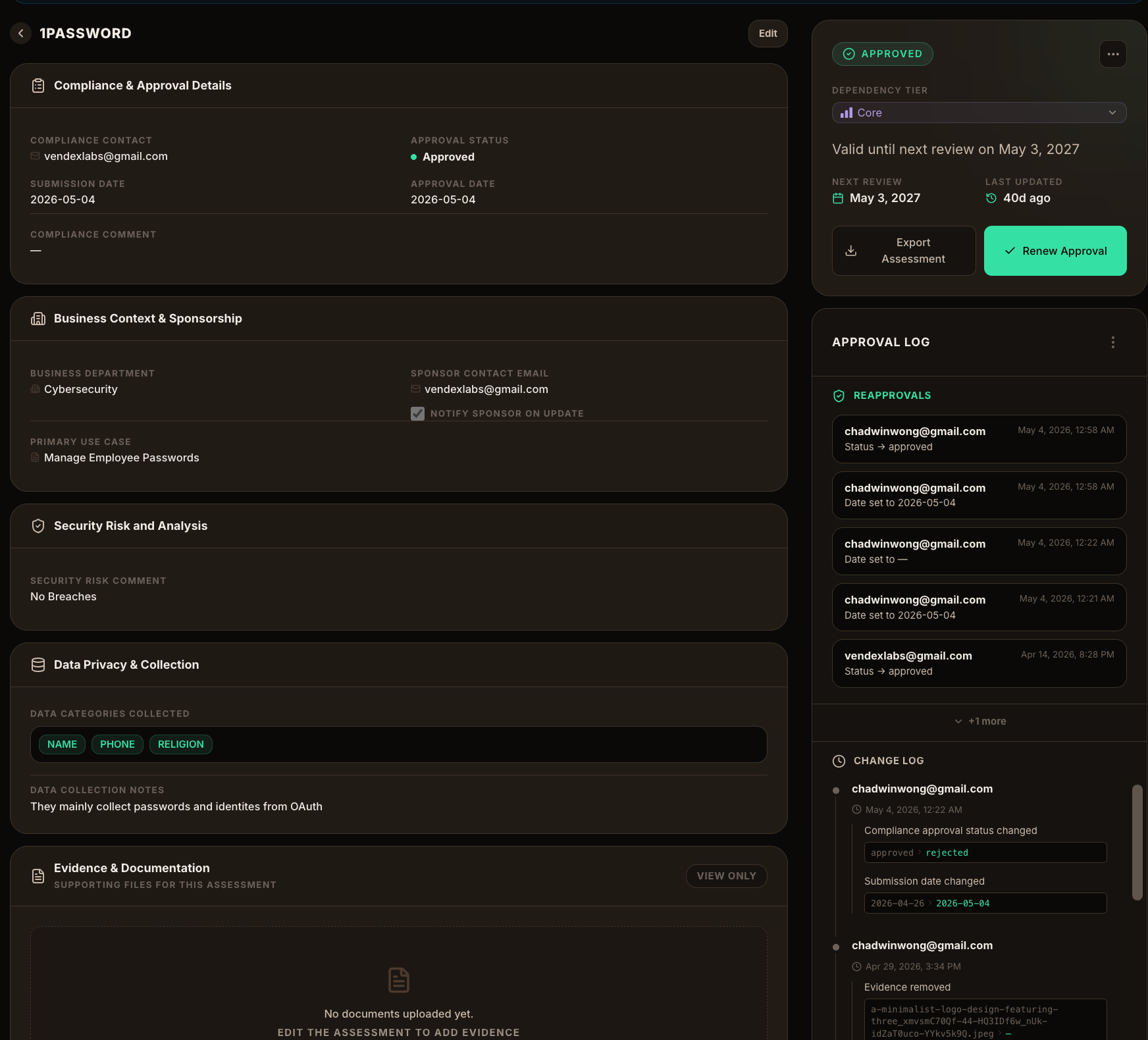 Assessment detail page with compliance, business context, data privacy sections, and an approval log
