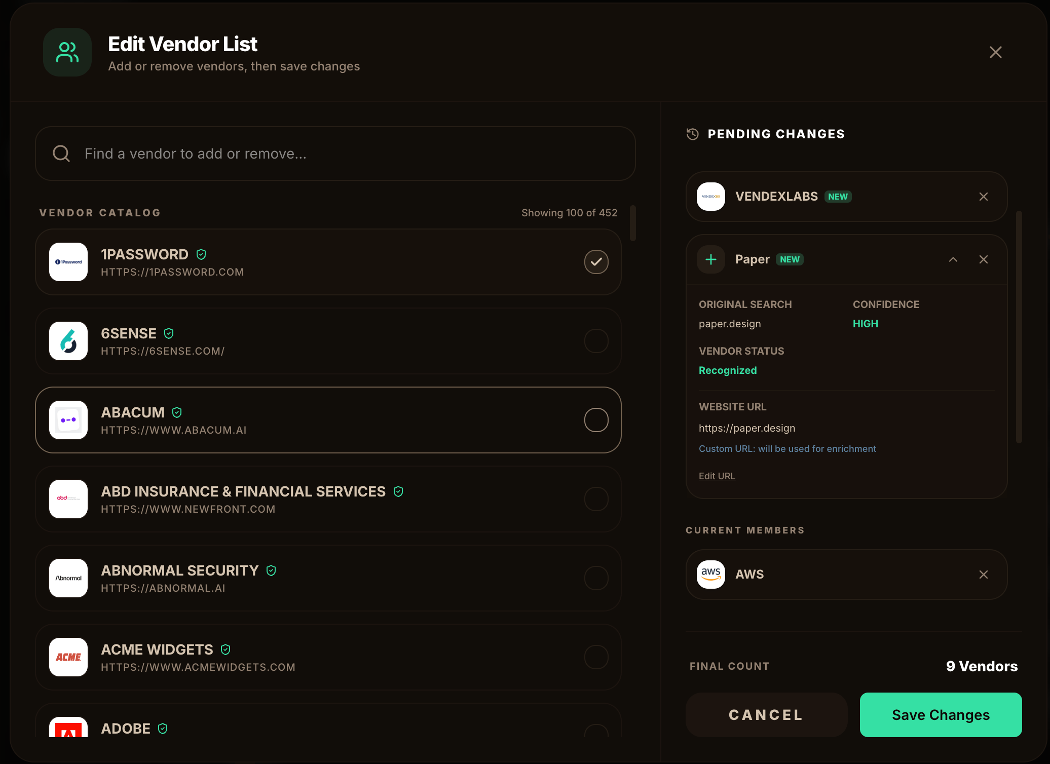 Edit Vendor List modal with the vendor catalog on the left and pending changes on the right