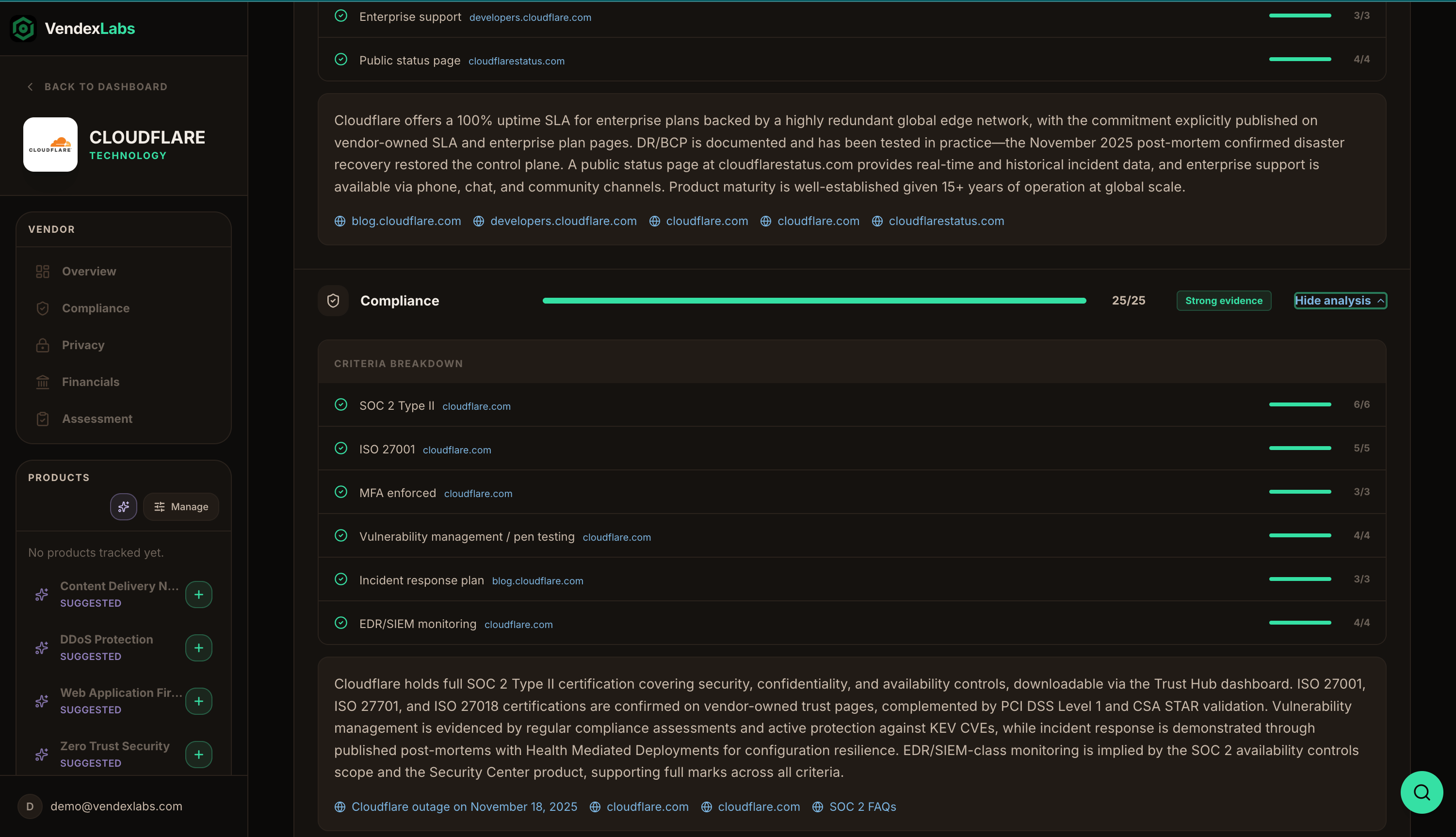 Vendor GRC Posture tab showing aggregate score, integration depth, recommendation, and trust scores by domain