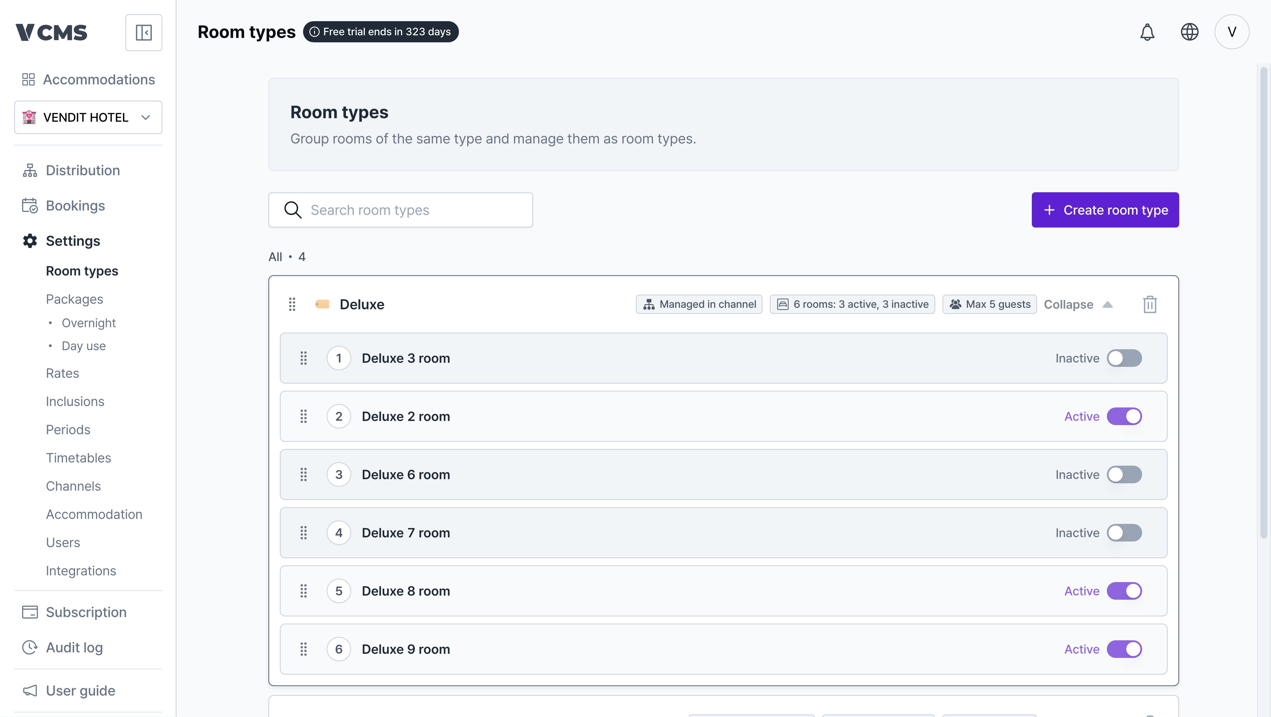 Room type list expanded