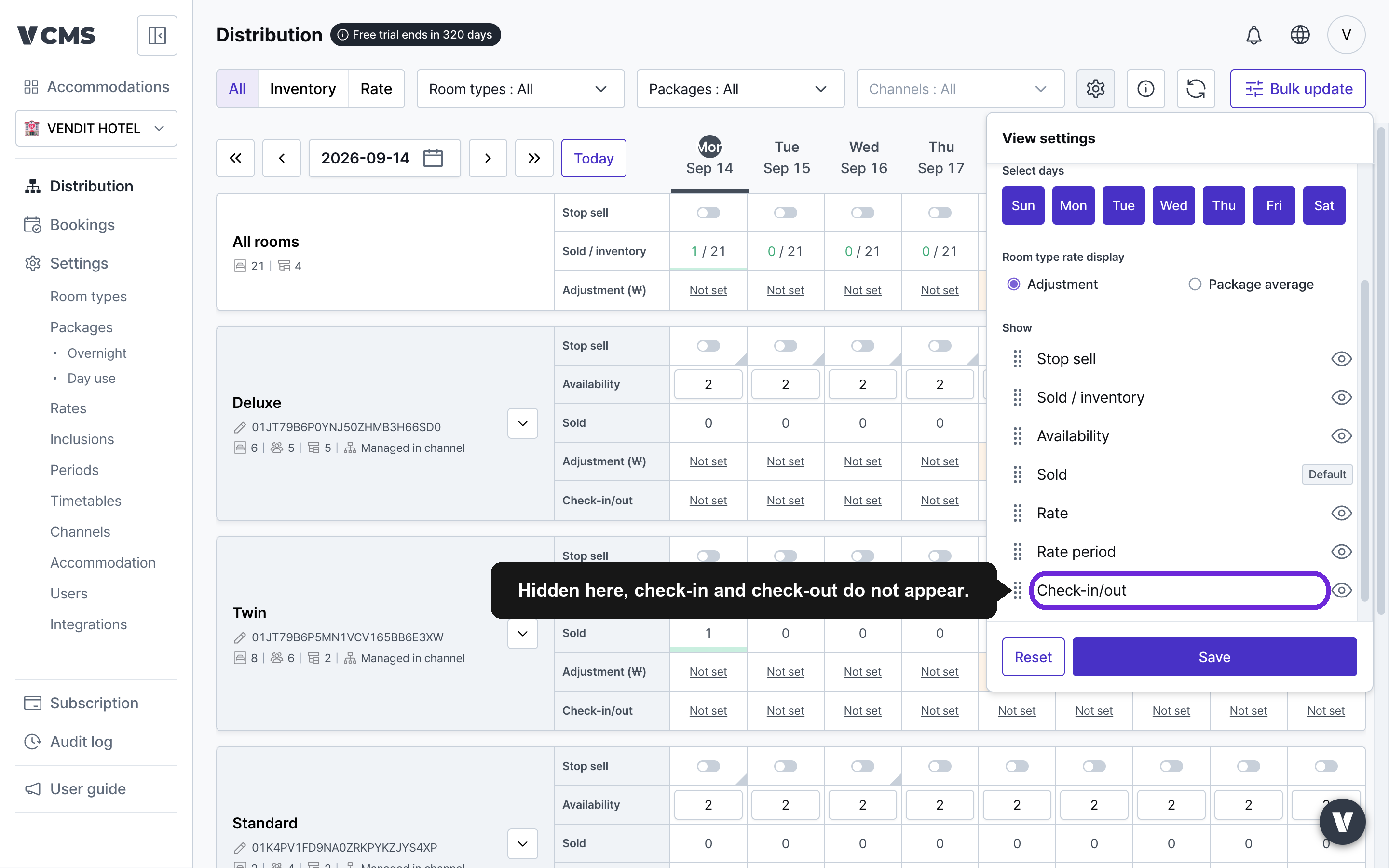 Showing check-in and check-out times