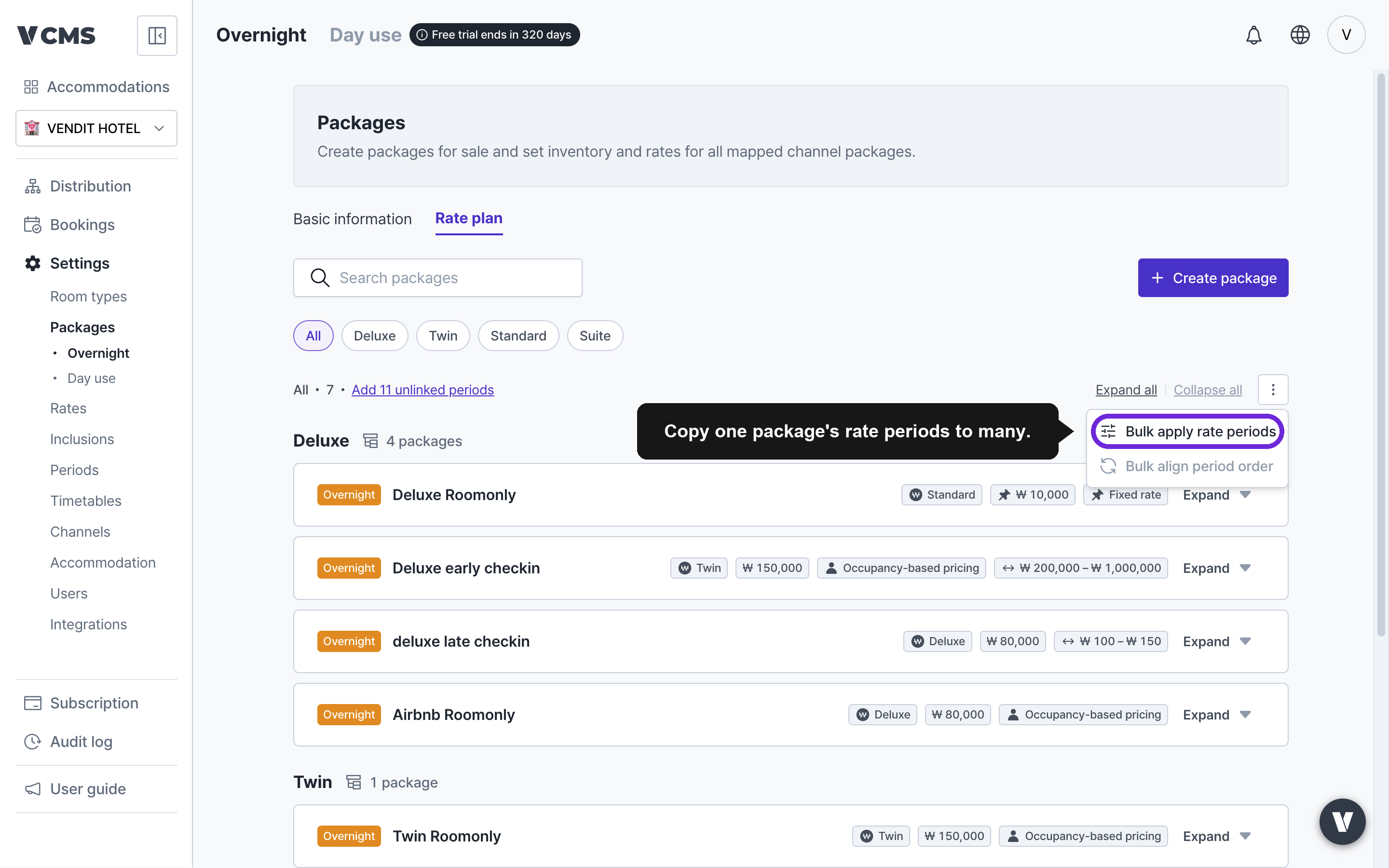 Bulk update rate plan button