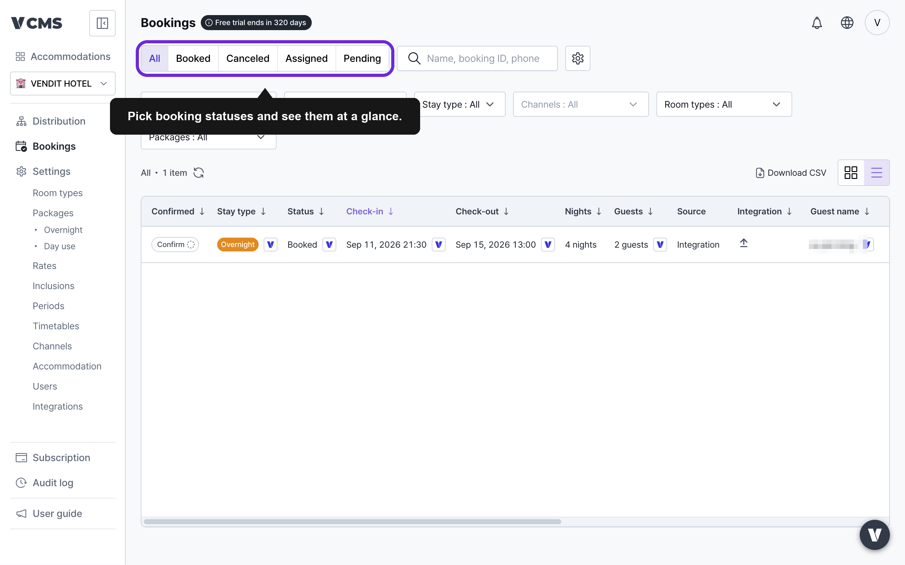 Booking status filter