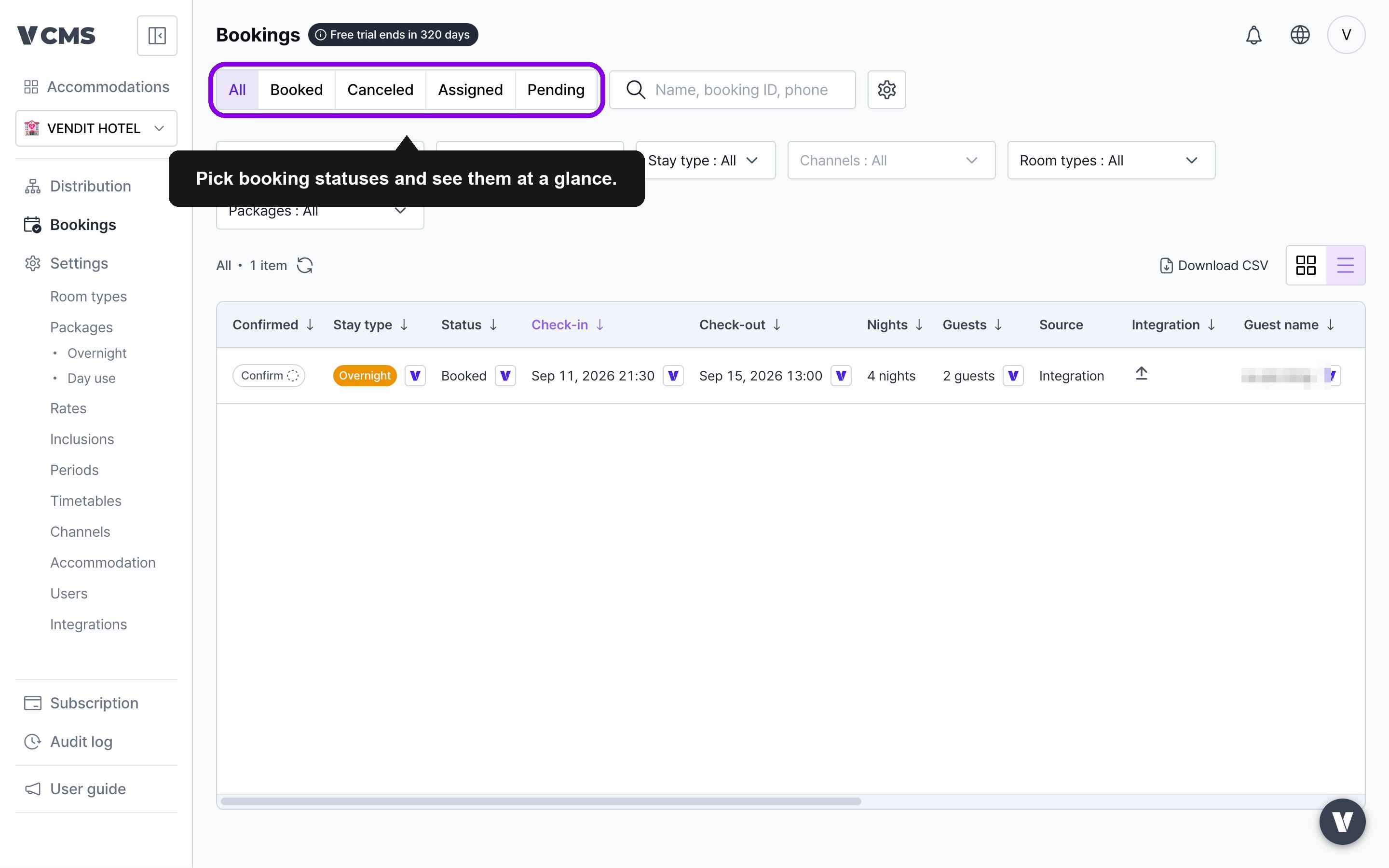 Booking status filter