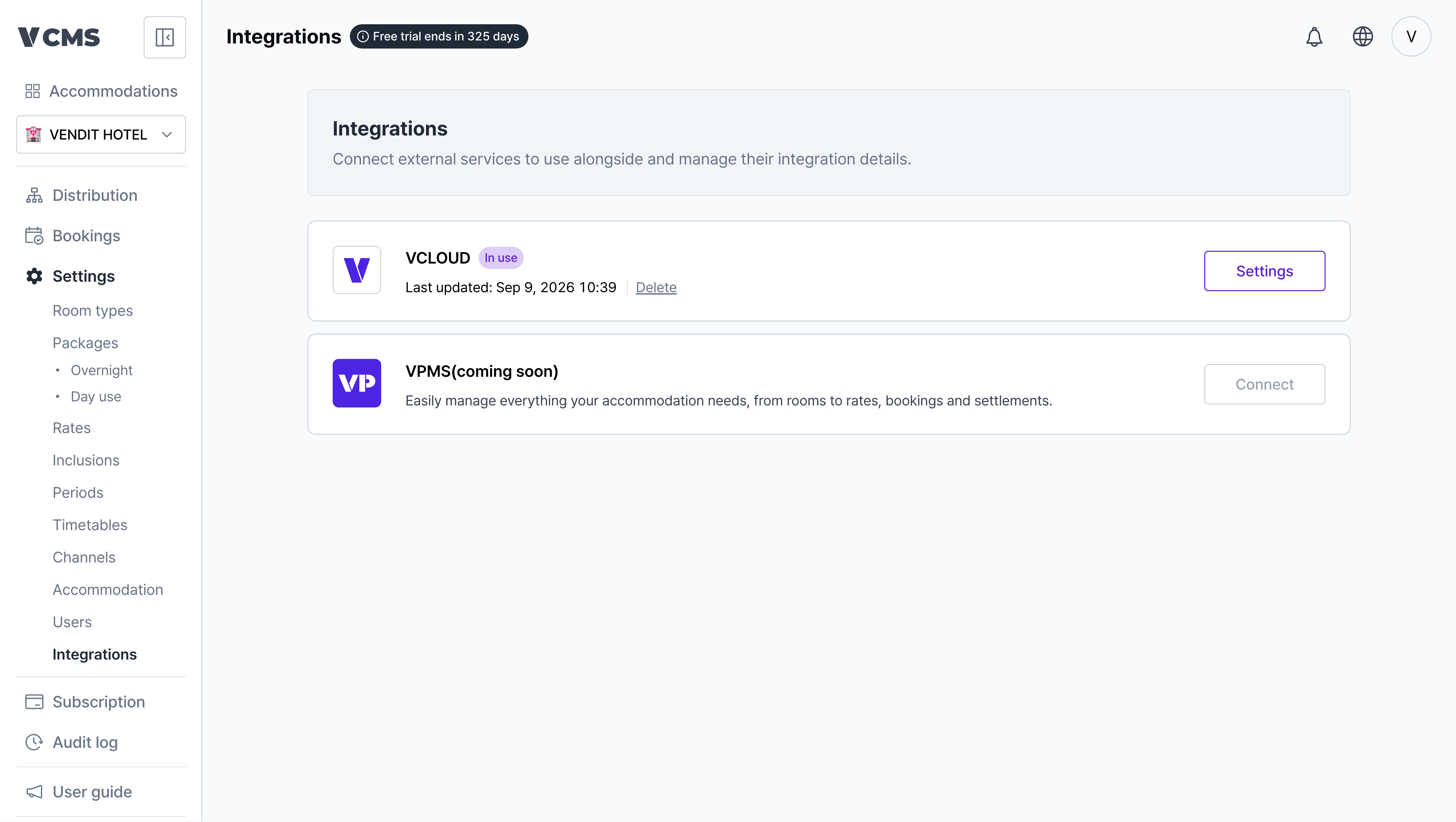 Integrations screen