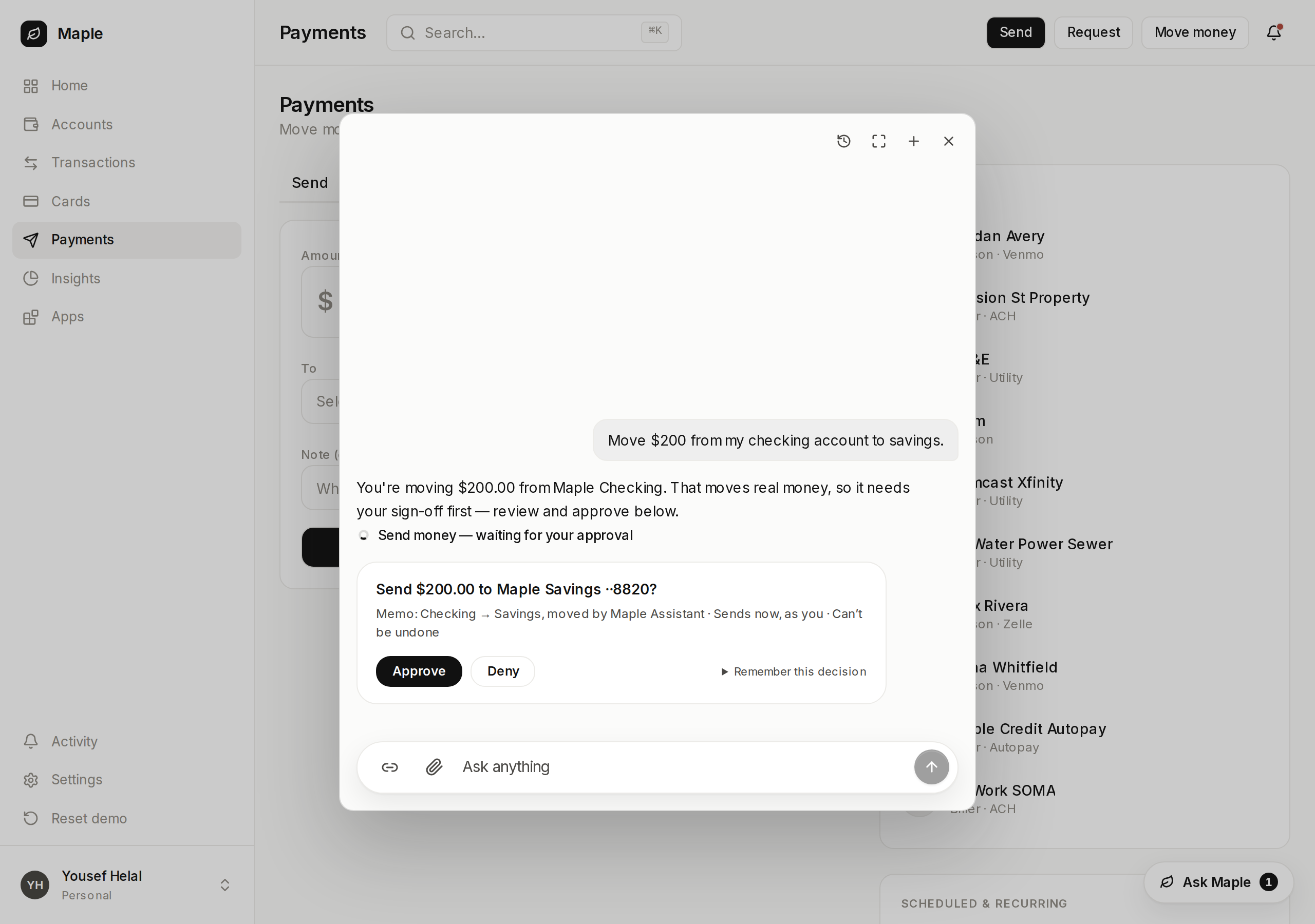 Maple's payments page with the panel open, moving $200 to savings without asking which accounts to use