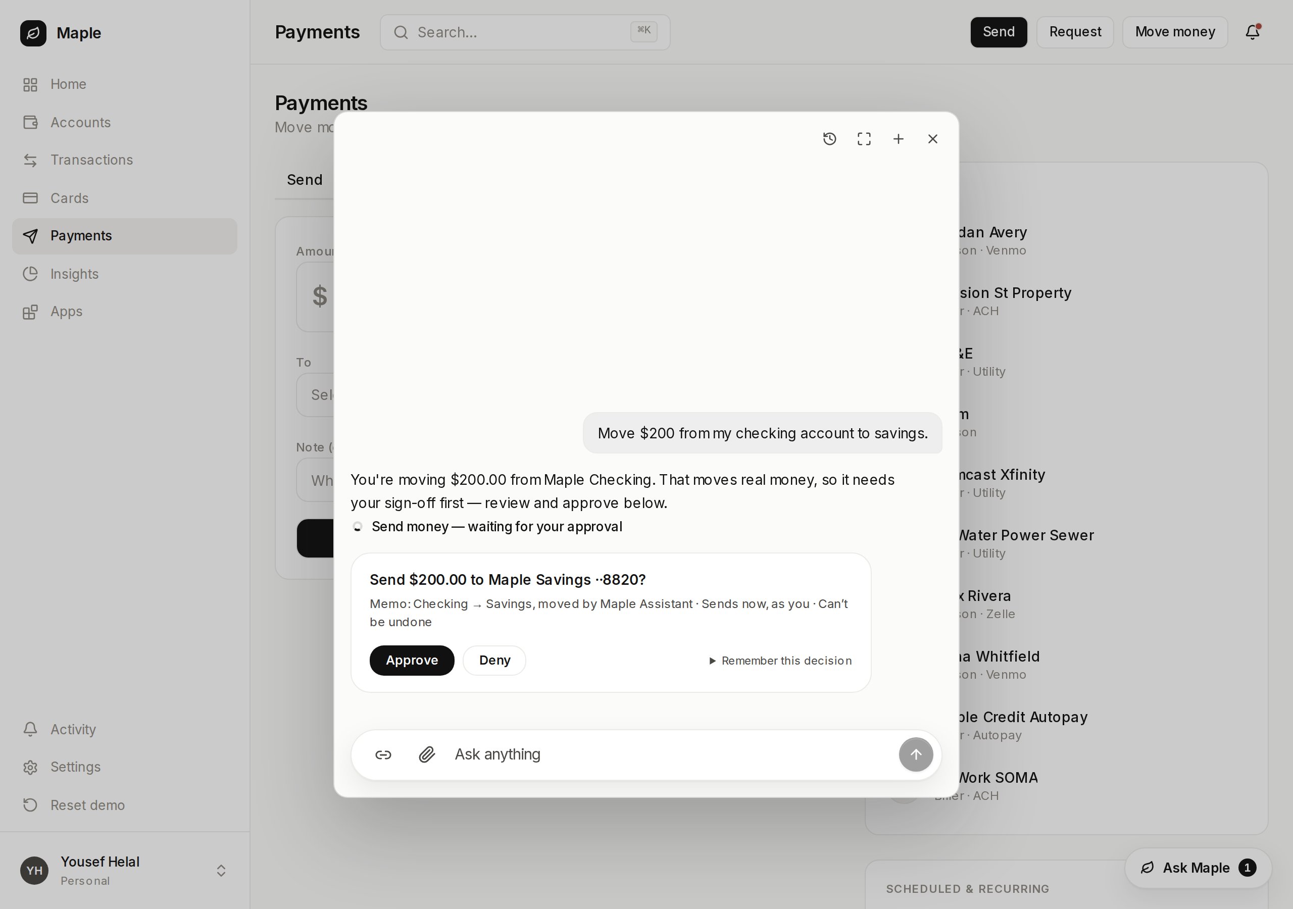 Maple's payments page with the panel open, moving $200 to savings without asking which accounts to use