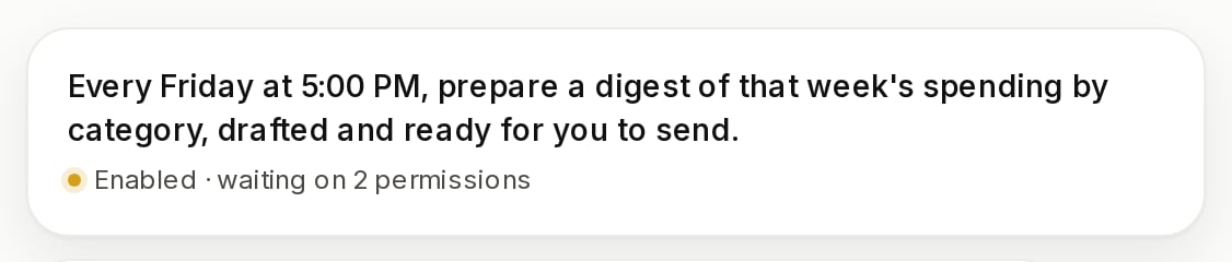 An automation card in a Maple thread reading Every Friday at 5:00 PM, prepare a digest of that week's spending by category, drafted and ready for you to send