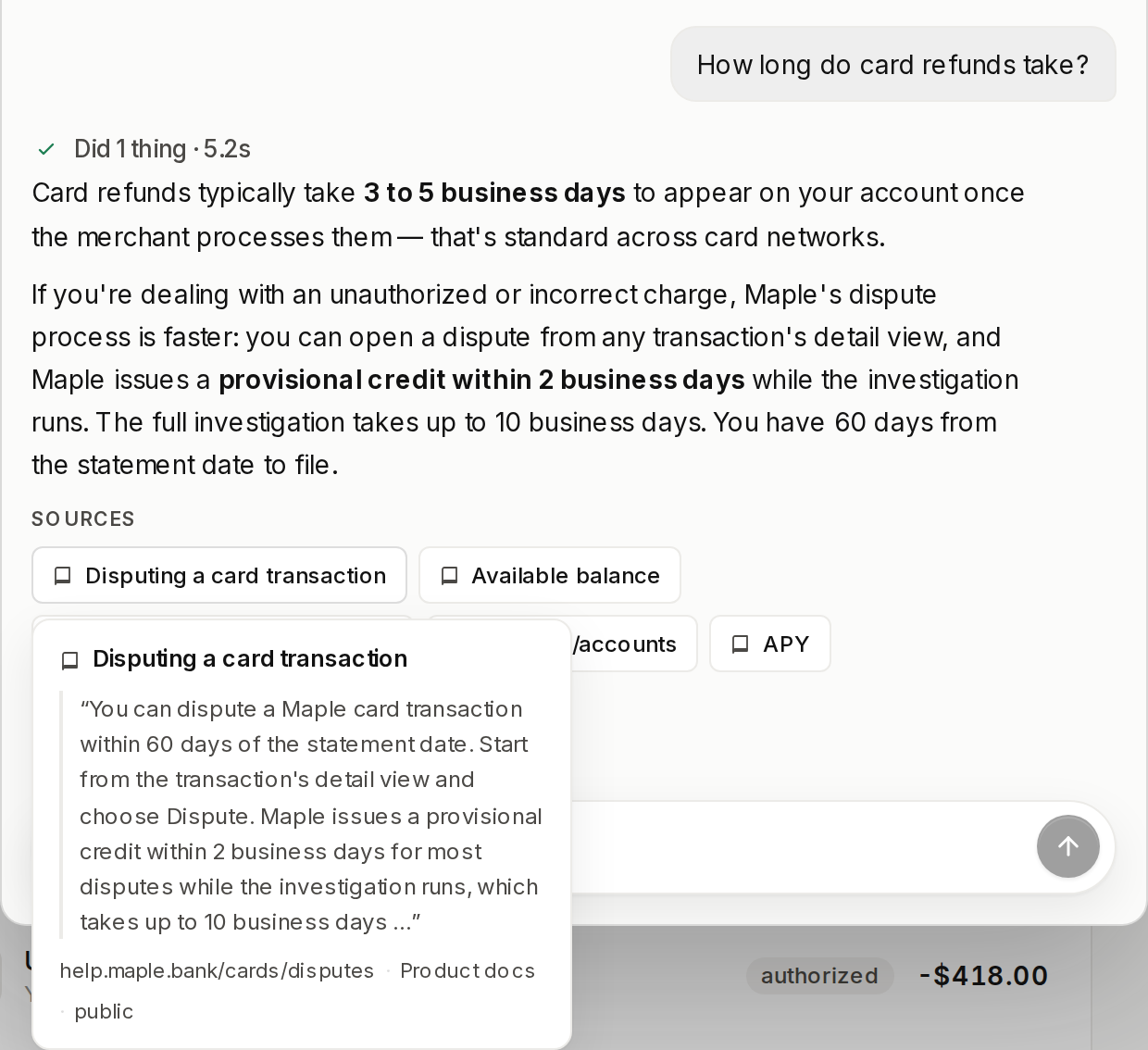 A Maple answer about card refund timing with a Sources row of five citation chips, one open on the snippet it quoted and the document it came from