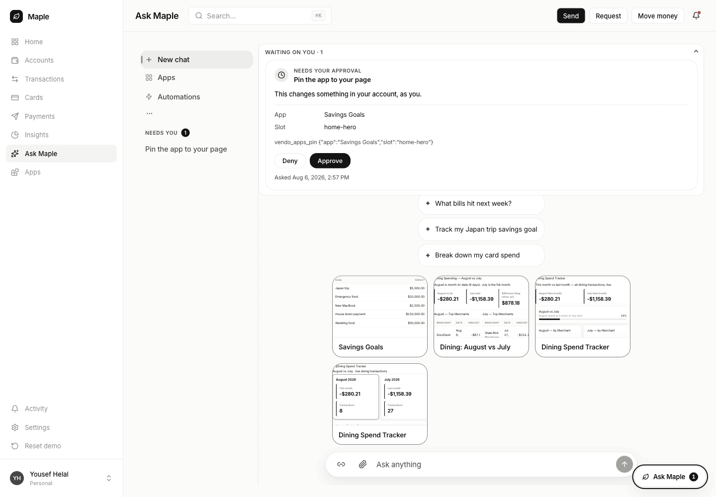 Approval card reading Needs your approval, Pin the app to your page, showing the app name, the slot, and the vendo_apps_pin arguments with Deny and Approve buttons