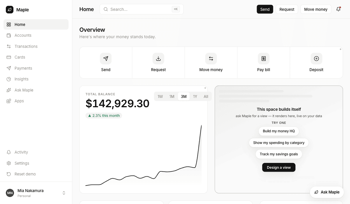 The Maple dashboard for a second signed-in user, showing the empty hero slot invitation rather than the first user's pinned app