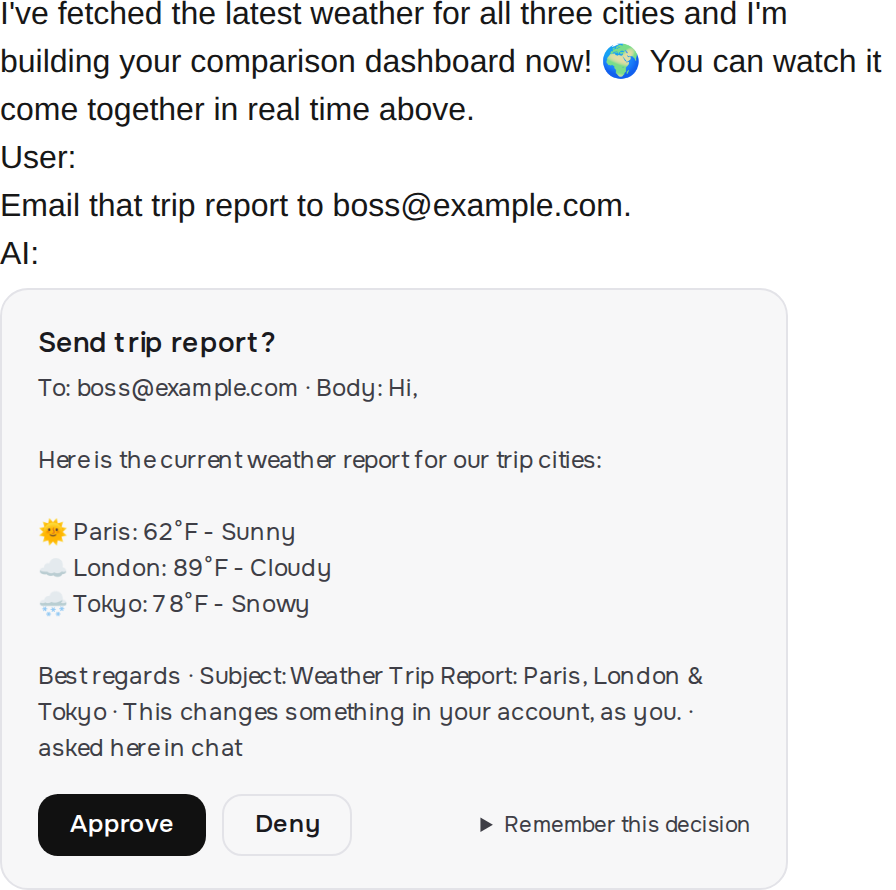 An approval card inside a host chat thread, naming the recipient and the message body, with Approve and Deny buttons and a remember this decision control