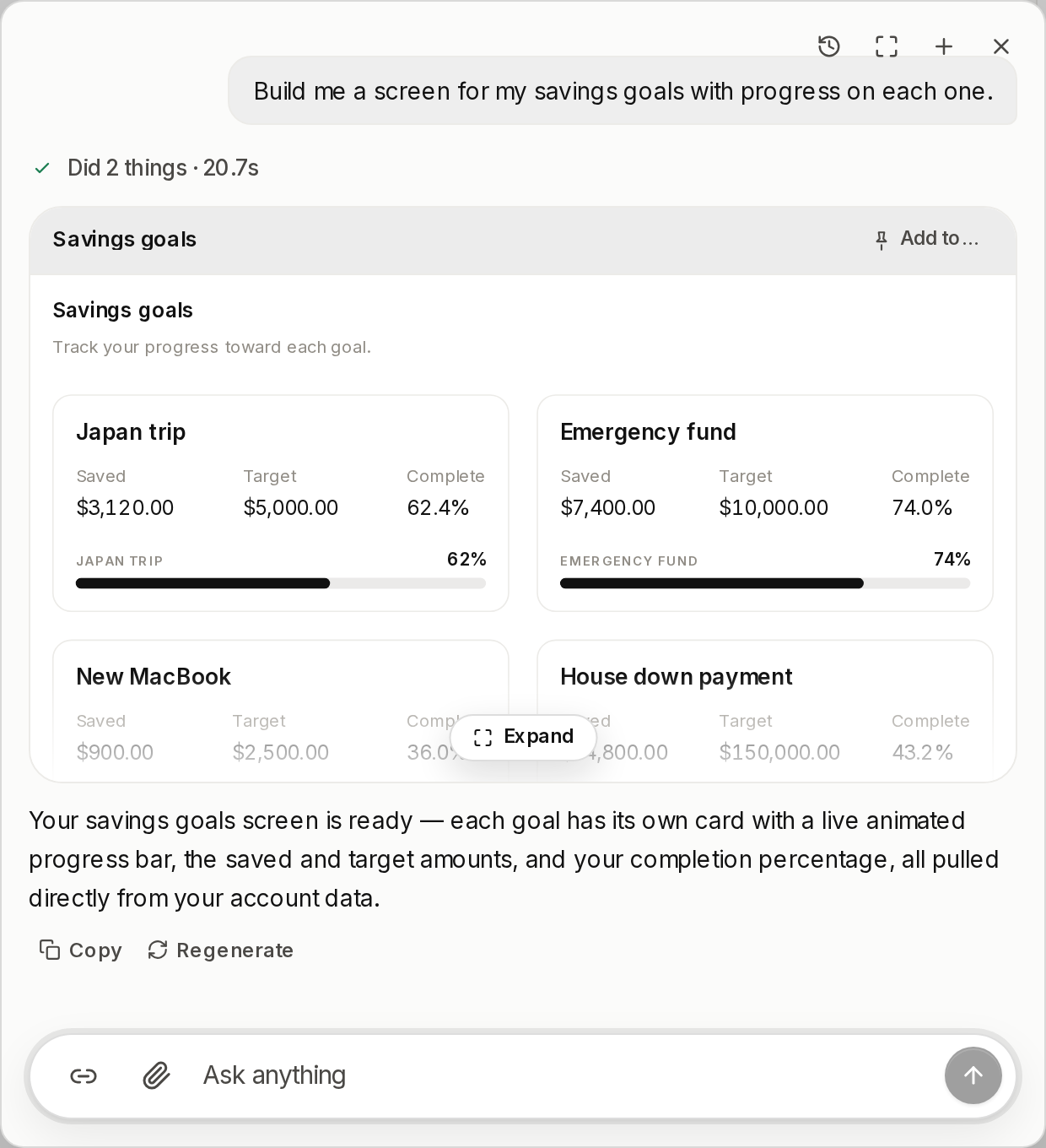 A savings goals screen built in the Maple panel, one card per goal with the amount saved, the target, and a progress bar