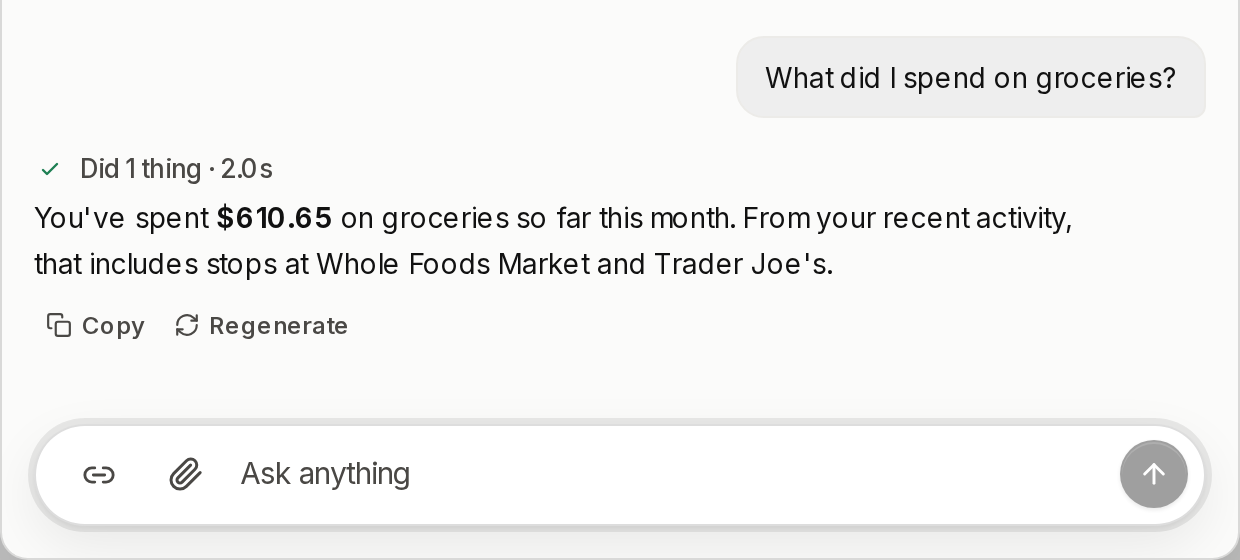 Maple's panel answering a grocery spending question in one short, warm sentence, with the merchants named