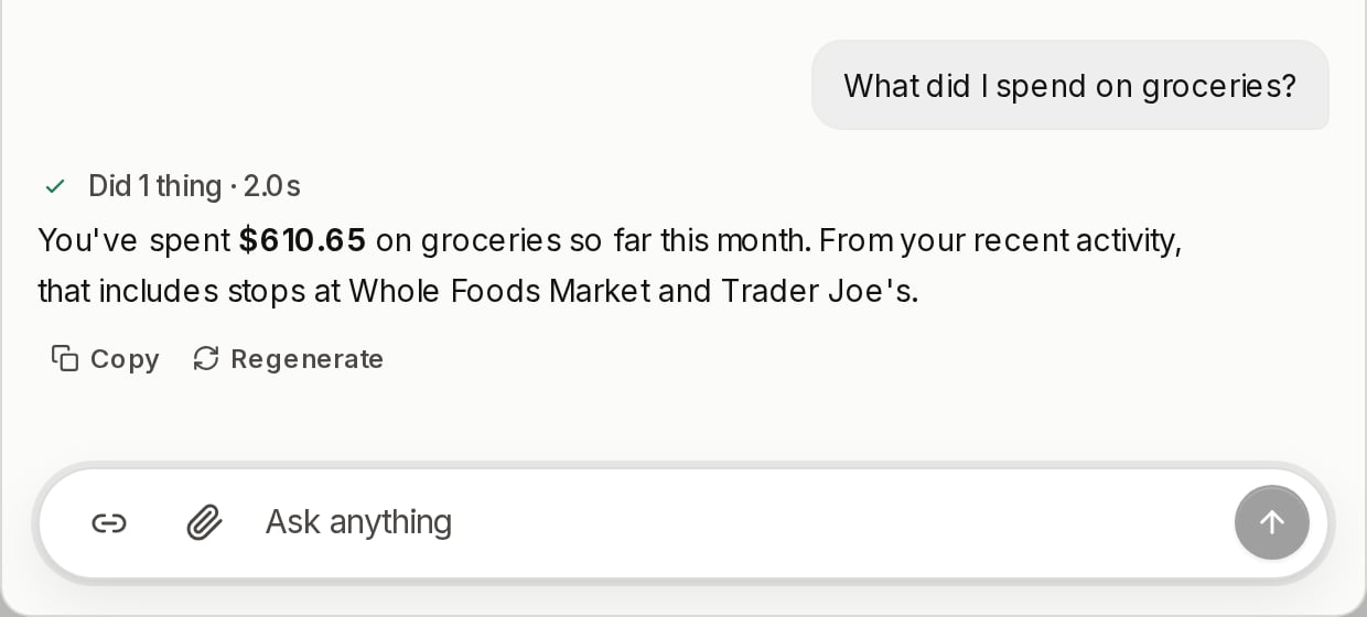 Maple's panel answering a grocery spending question in one short, warm sentence, with the merchants named