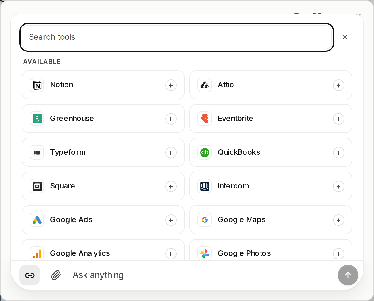 The connect tray open above the Maple composer, with a search field and a grid of connectable services each carrying an add button