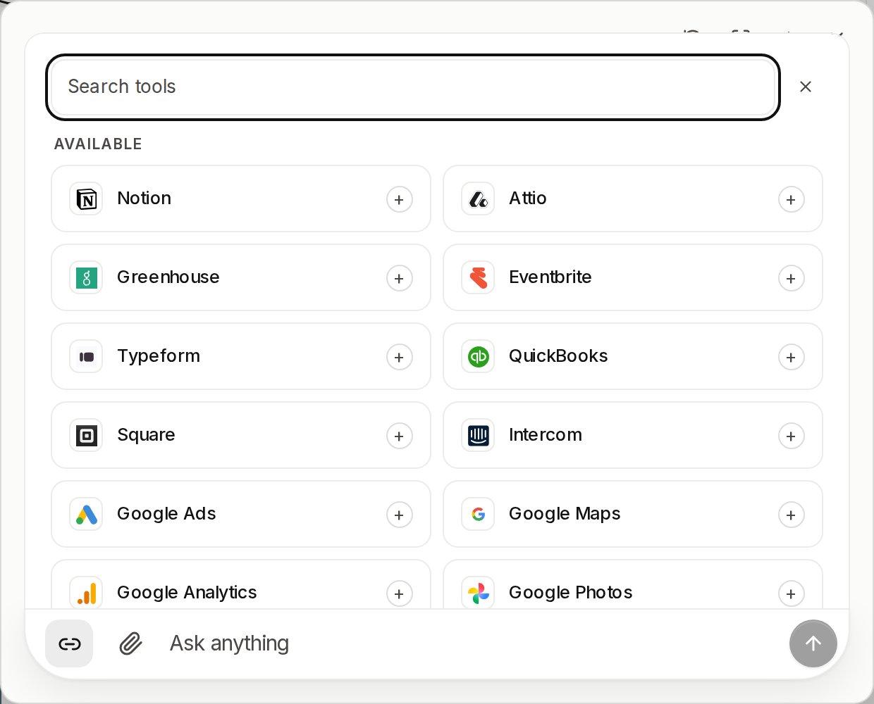 The connect tray open above the Maple composer, with a search field and a grid of connectable services each carrying an add button