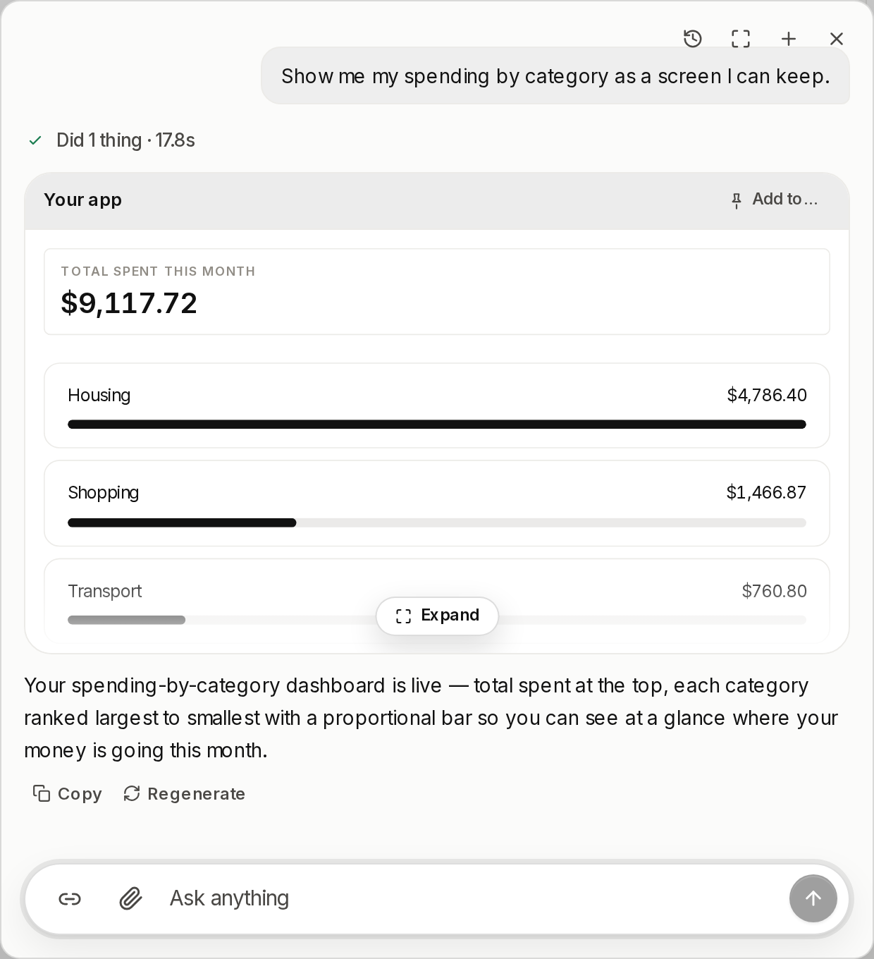The Vendo panel open over Maple, answering a spending question with a generated screen that lists each category and its total