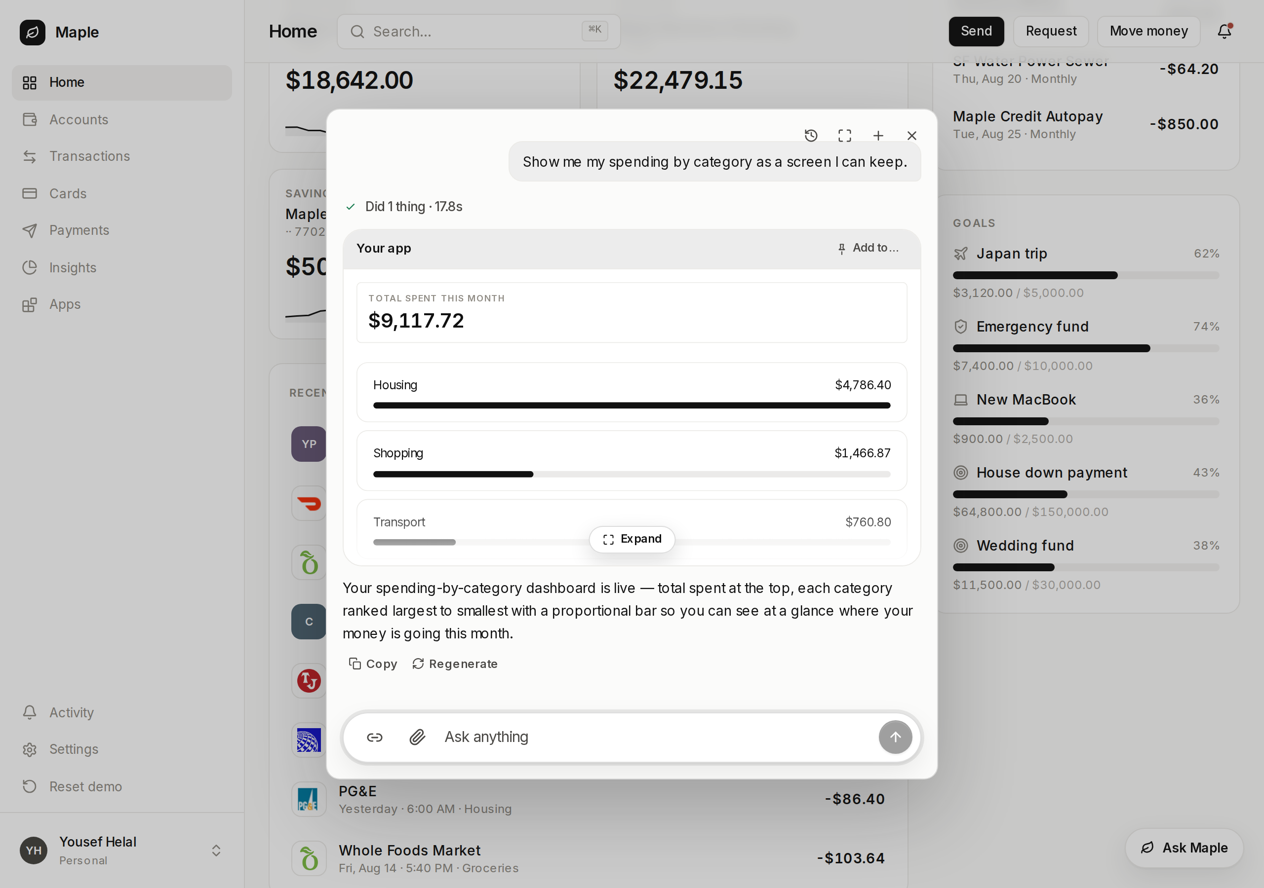 Maple's home page dimmed behind a centered Vendo panel, which holds a generated spending by category screen with the month's total and a bar for each category