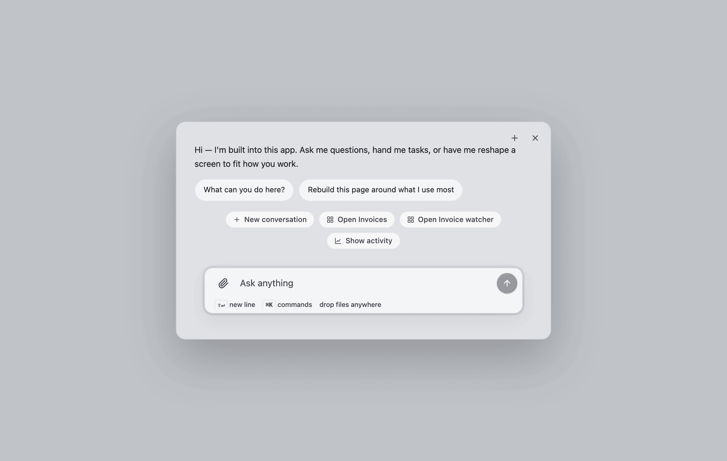 Vendo command palette — the compact conversation overlay