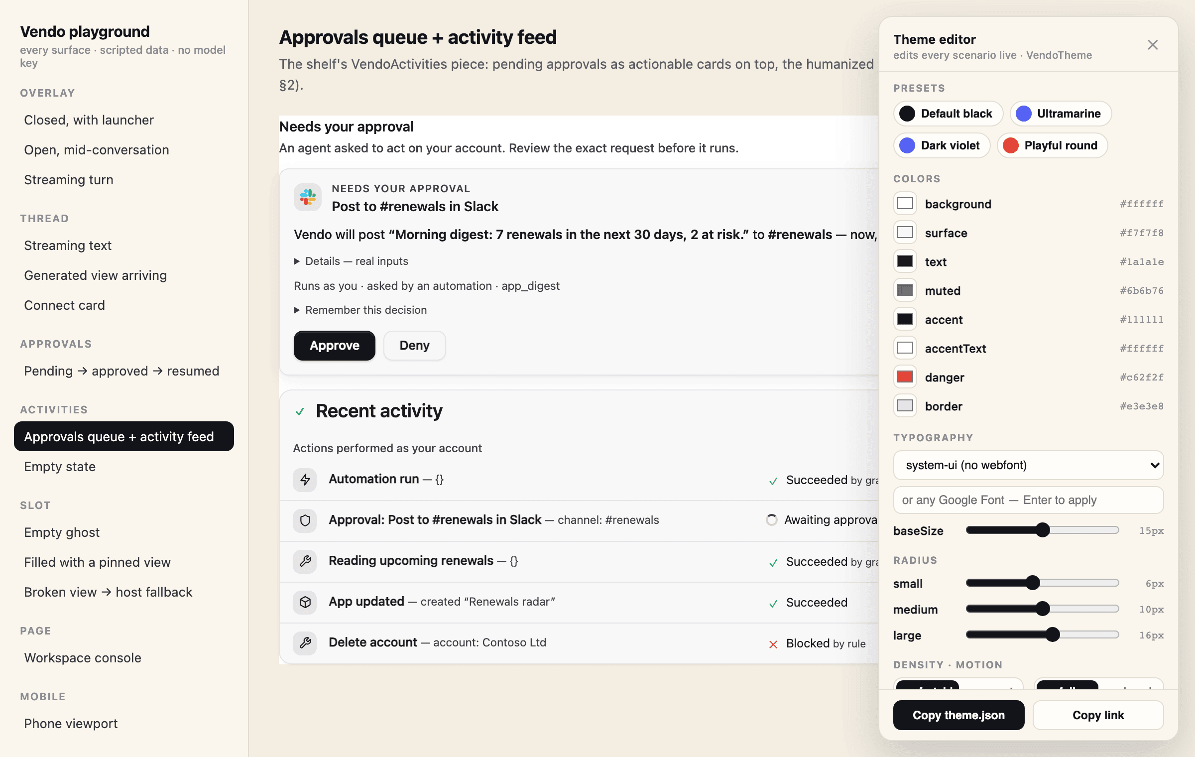 The Vendo playground theme editor open over the activities surface